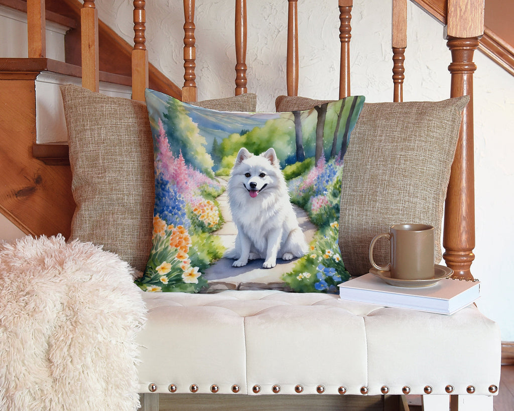 American Eskimo Spring Garden Decorative Throw Pillow 14x14 Indoor Outdoor Accent Cushion, Fabric Cover with Insert for Sofa, Bed, Porch & Living Room