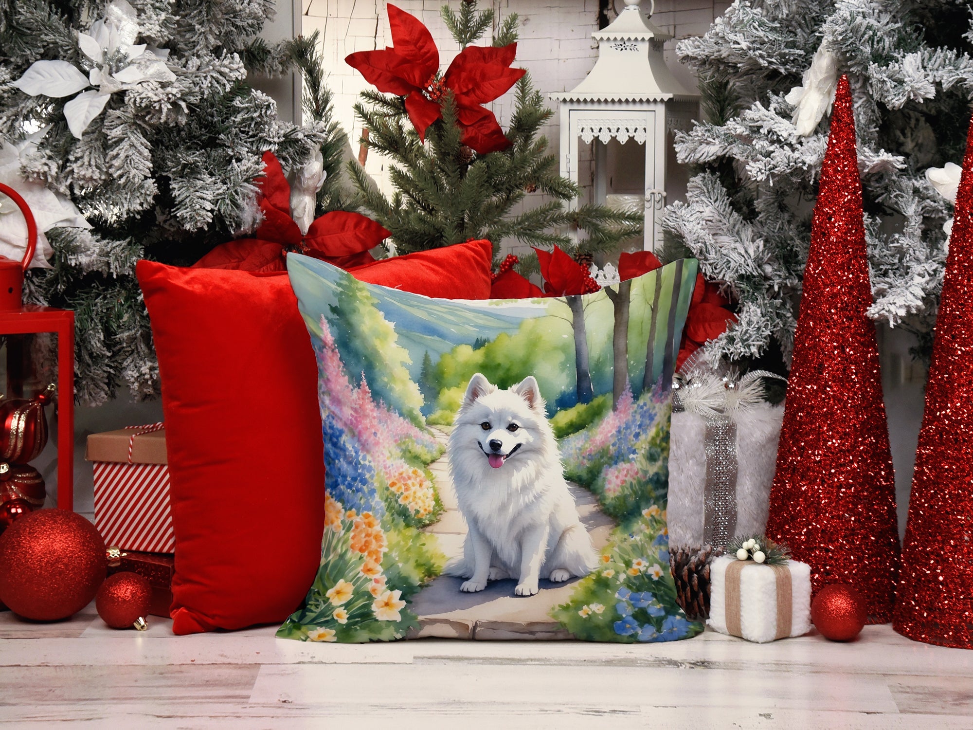 American Eskimo Spring Garden Decorative Throw Pillow 14x14 Indoor Outdoor Accent Cushion, Fabric Cover with Insert for Sofa, Bed, Porch & Living Room