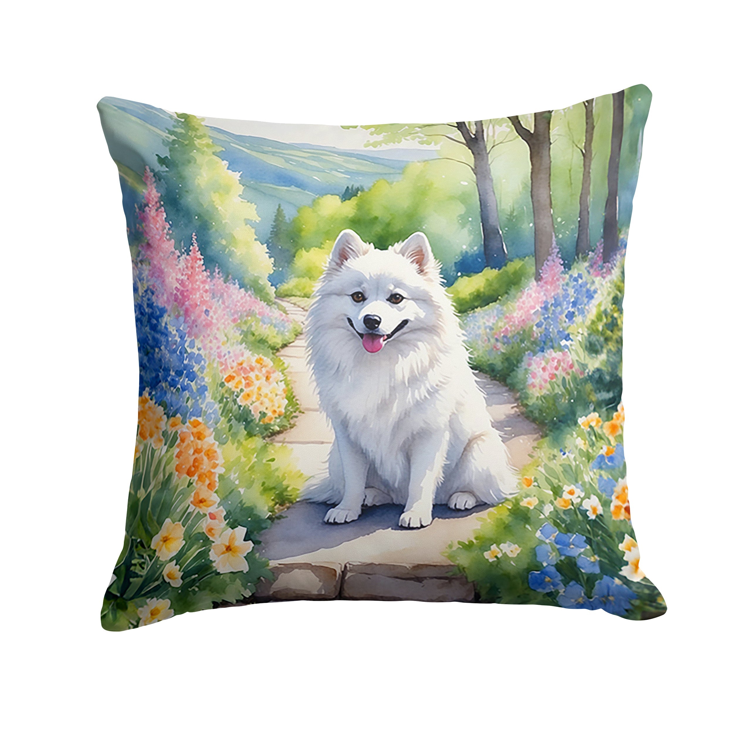 American Eskimo Spring Garden Decorative Throw Pillow 18x18 Indoor Outdoor Accent Cushion, Fabric Cover with Insert for Sofa, Bed, Porch & Living Room