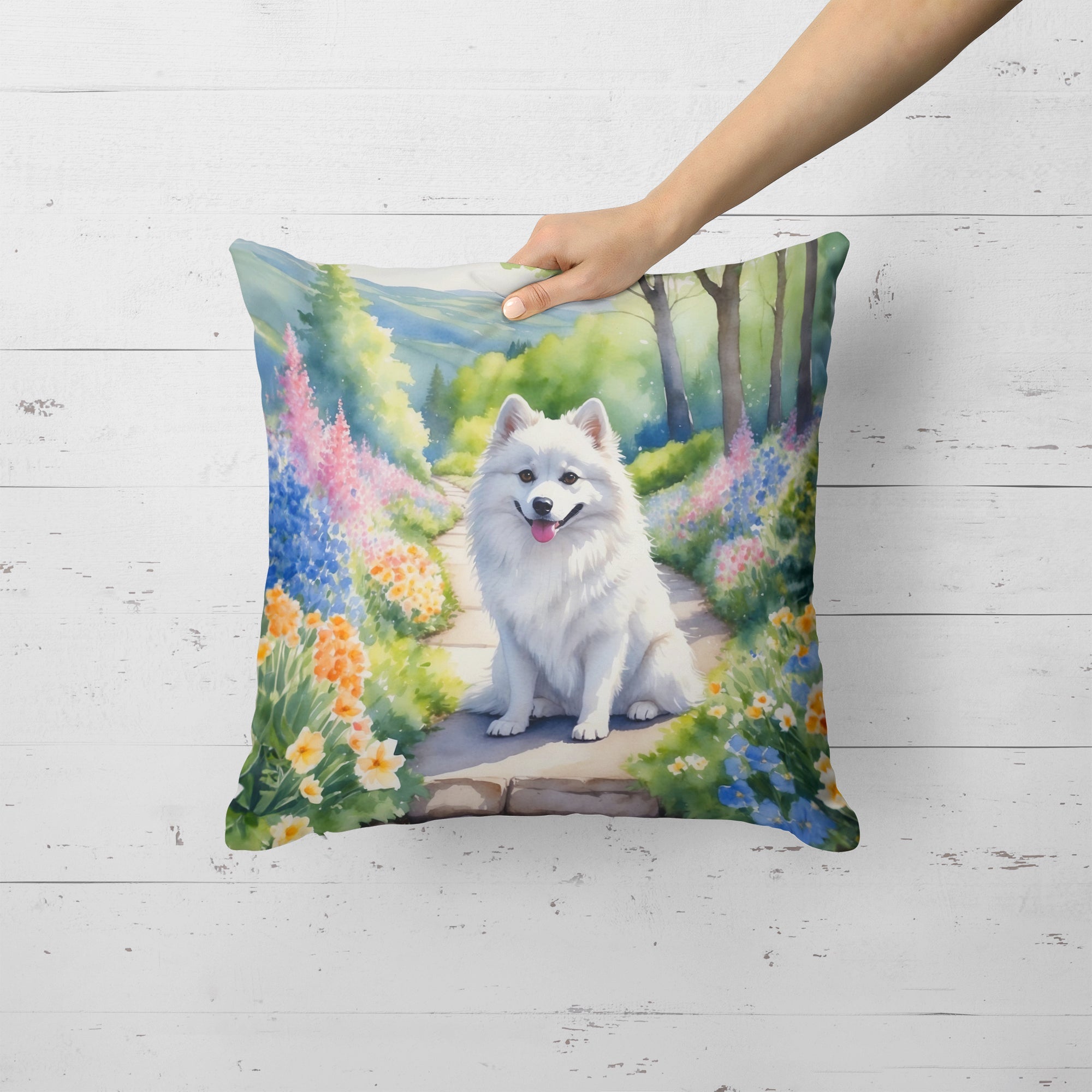 American Eskimo Spring Garden Decorative Throw Pillow 18x18 Indoor Outdoor Accent Cushion, Fabric Cover with Insert for Sofa, Bed, Porch & Living Room