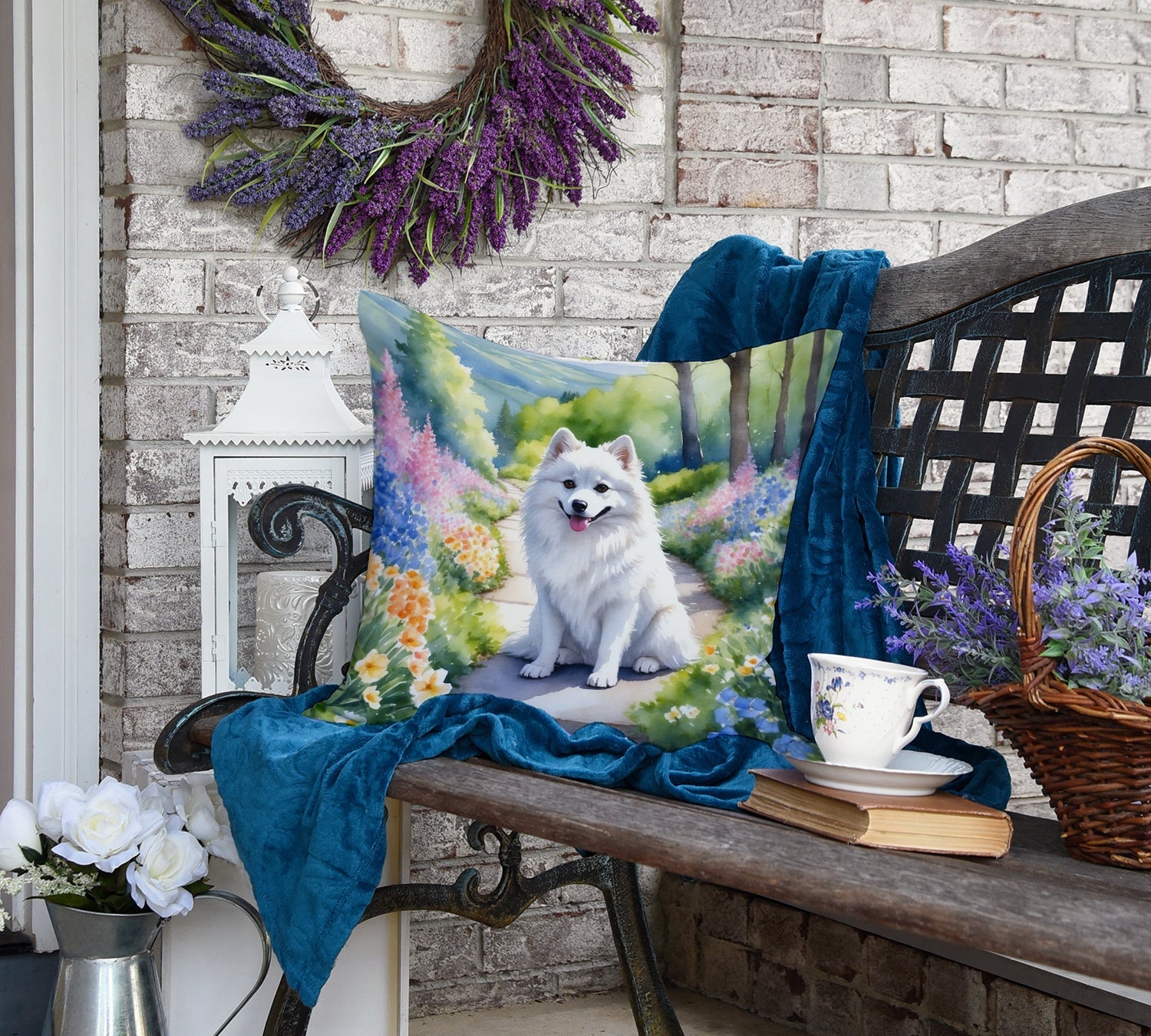American Eskimo Spring Garden Decorative Throw Pillow 18x18 Indoor Outdoor Accent Cushion, Fabric Cover with Insert for Sofa, Bed, Porch & Living Room