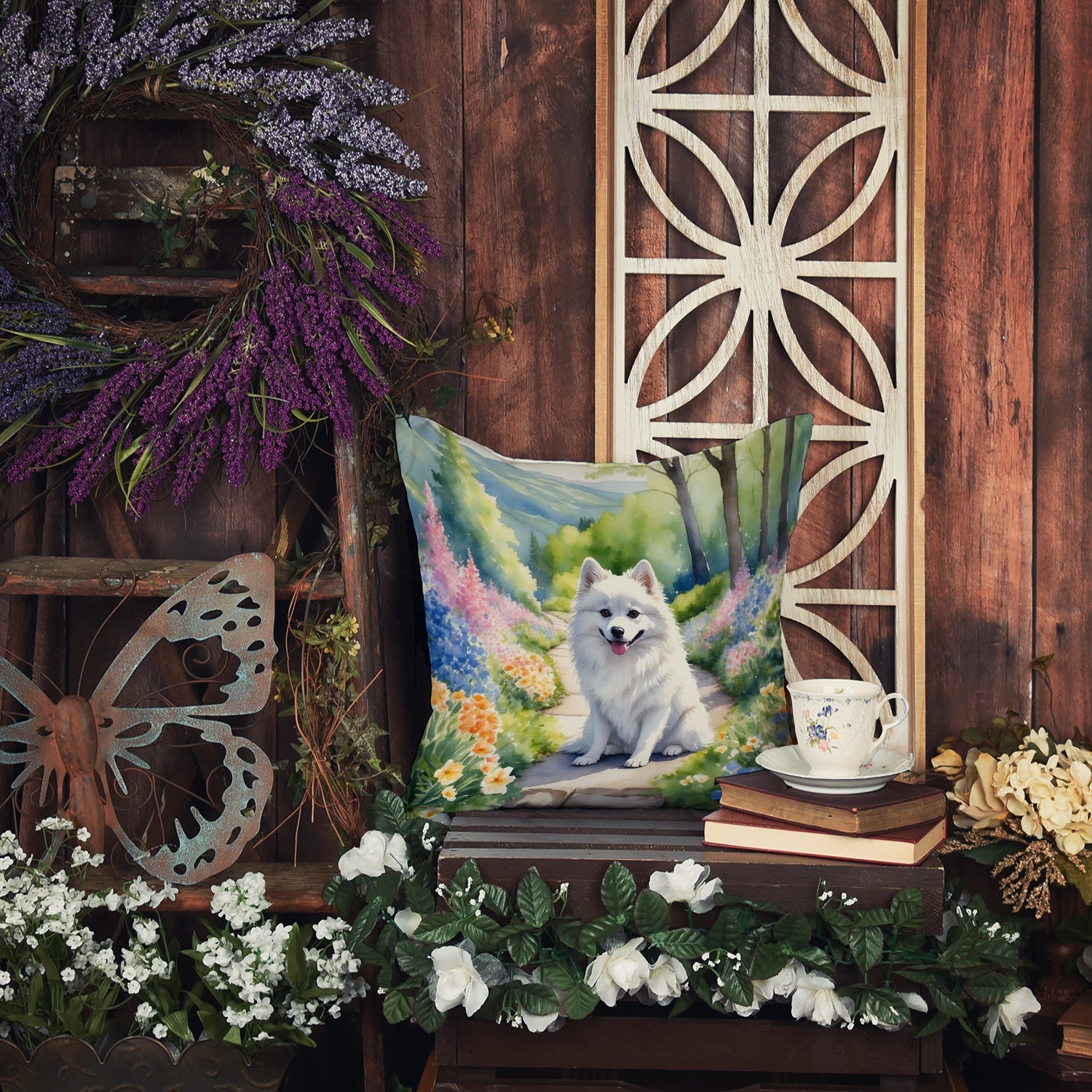 American Eskimo Spring Garden Decorative Throw Pillow 18x18 Indoor Outdoor Accent Cushion, Fabric Cover with Insert for Sofa, Bed, Porch & Living Room