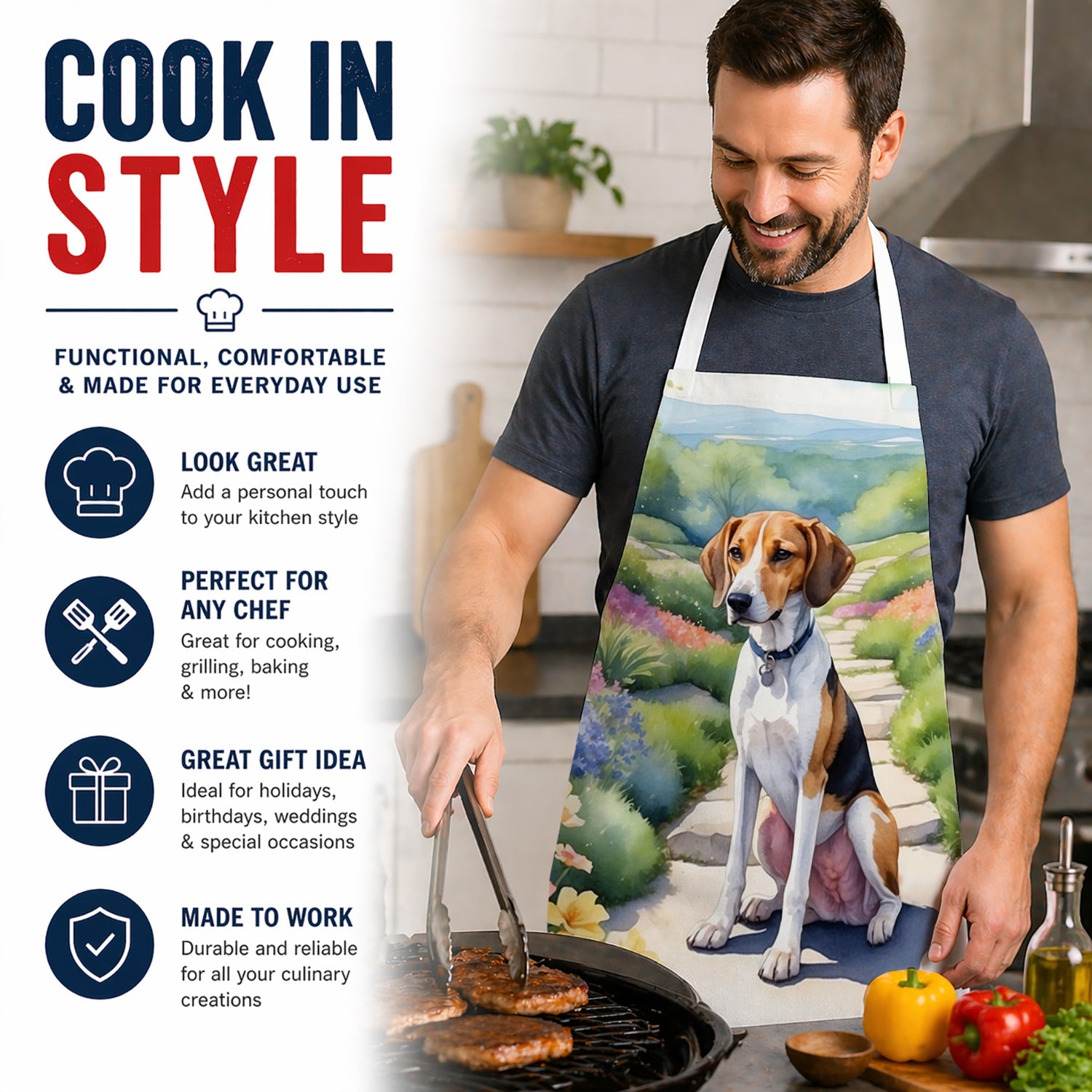 American Foxhound Spring Garden Apron Cooking Kitchen Server Baking Crafts Gardening for Adult Women Men, Unisex, Large, Multicolor
