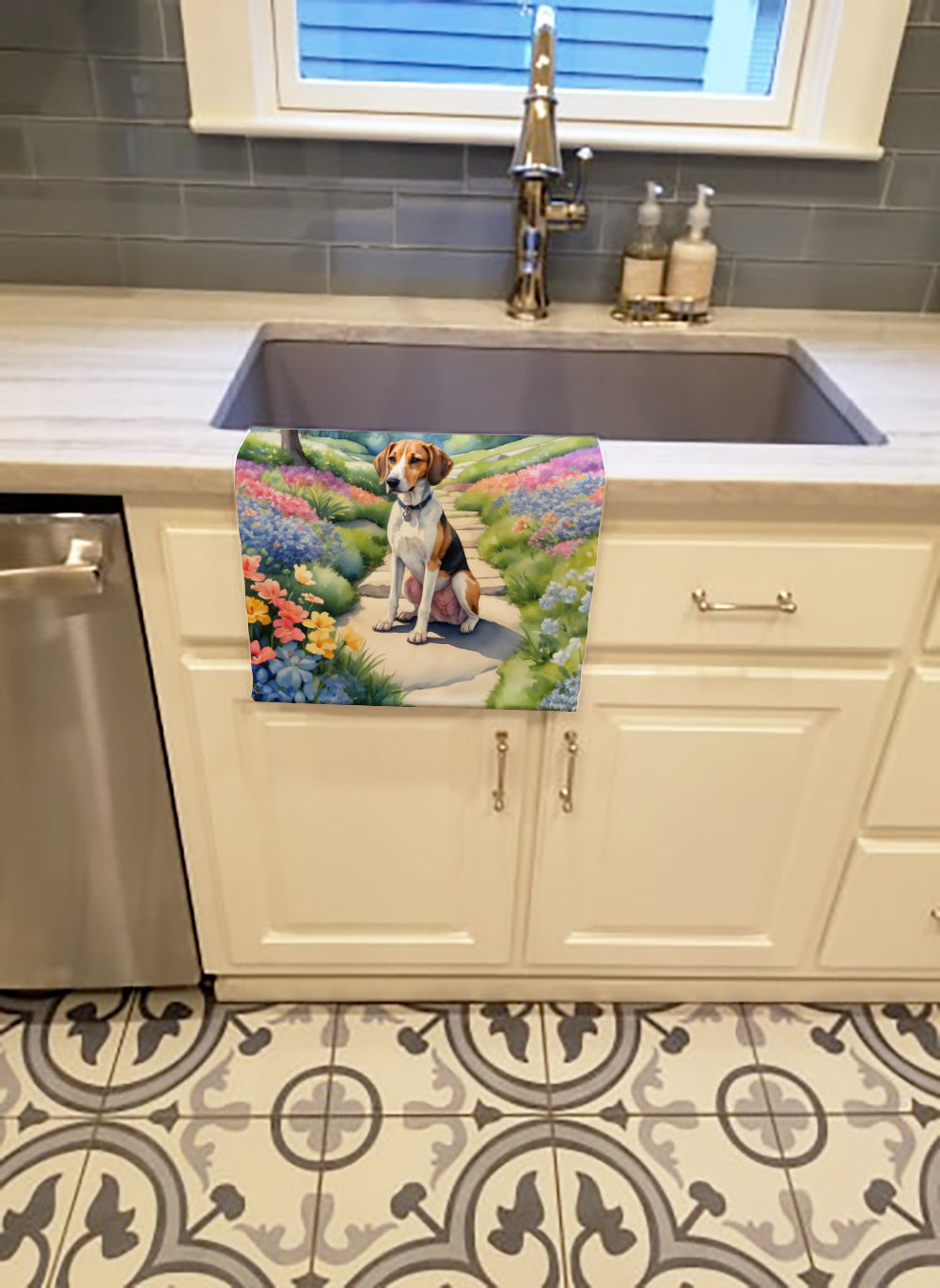 American Foxhound Spring Garden Kitchen Towel Velour Plush Front and Cotton Loop Back Machine Washable