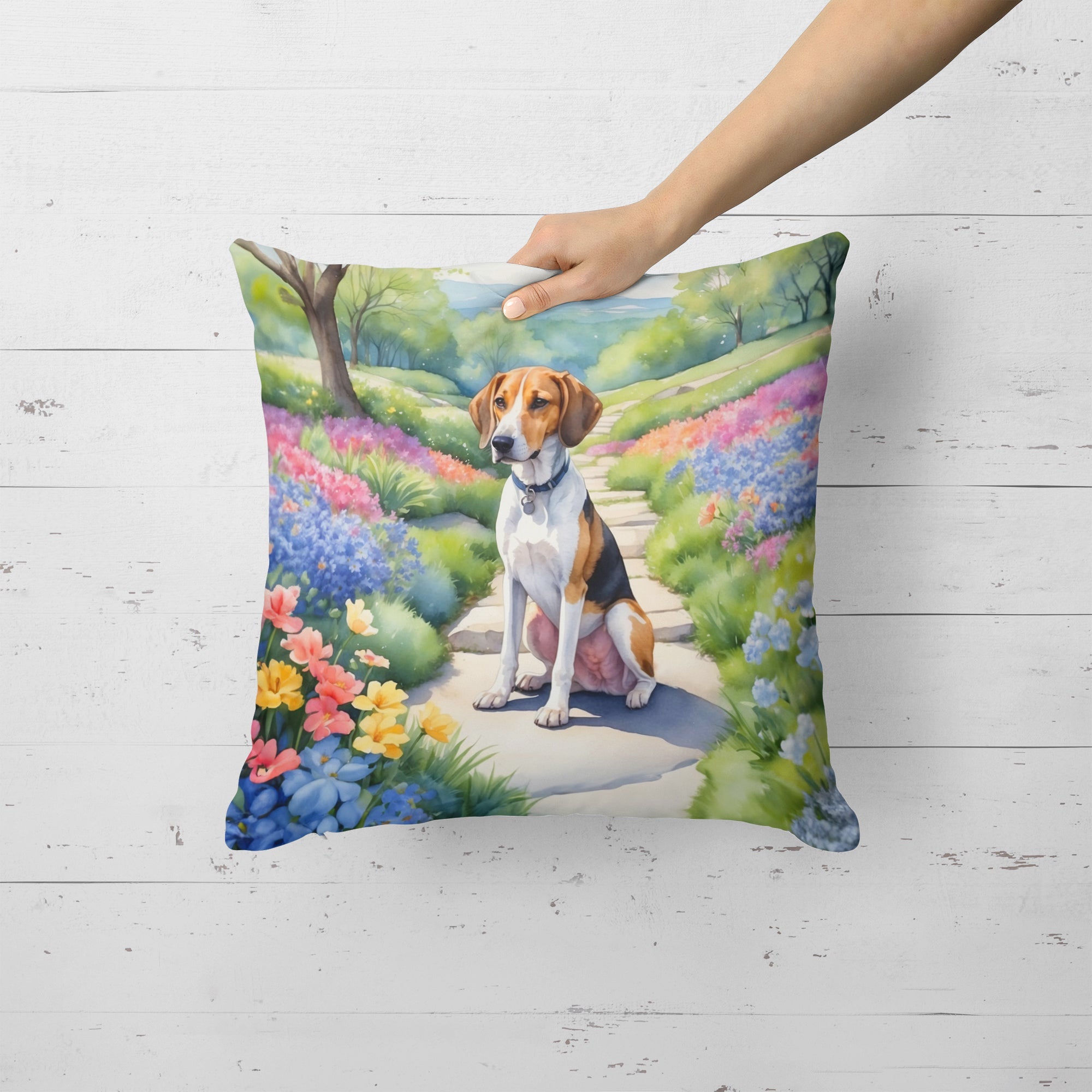 American Foxhound Spring Garden Decorative Throw Pillow 18x18 Indoor Outdoor Accent Cushion, Fabric Cover with Insert for Sofa, Bed, Porch & Living Room