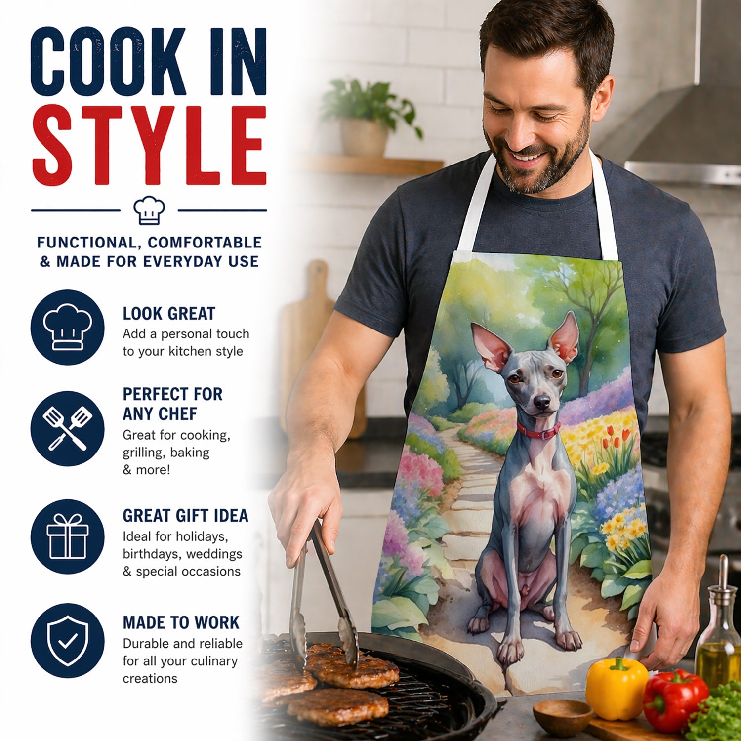 American Hairless Terrier Spring Garden Apron Cooking Kitchen Server Baking Crafts Gardening for Adult Women Men, Unisex, Large, Multicolor