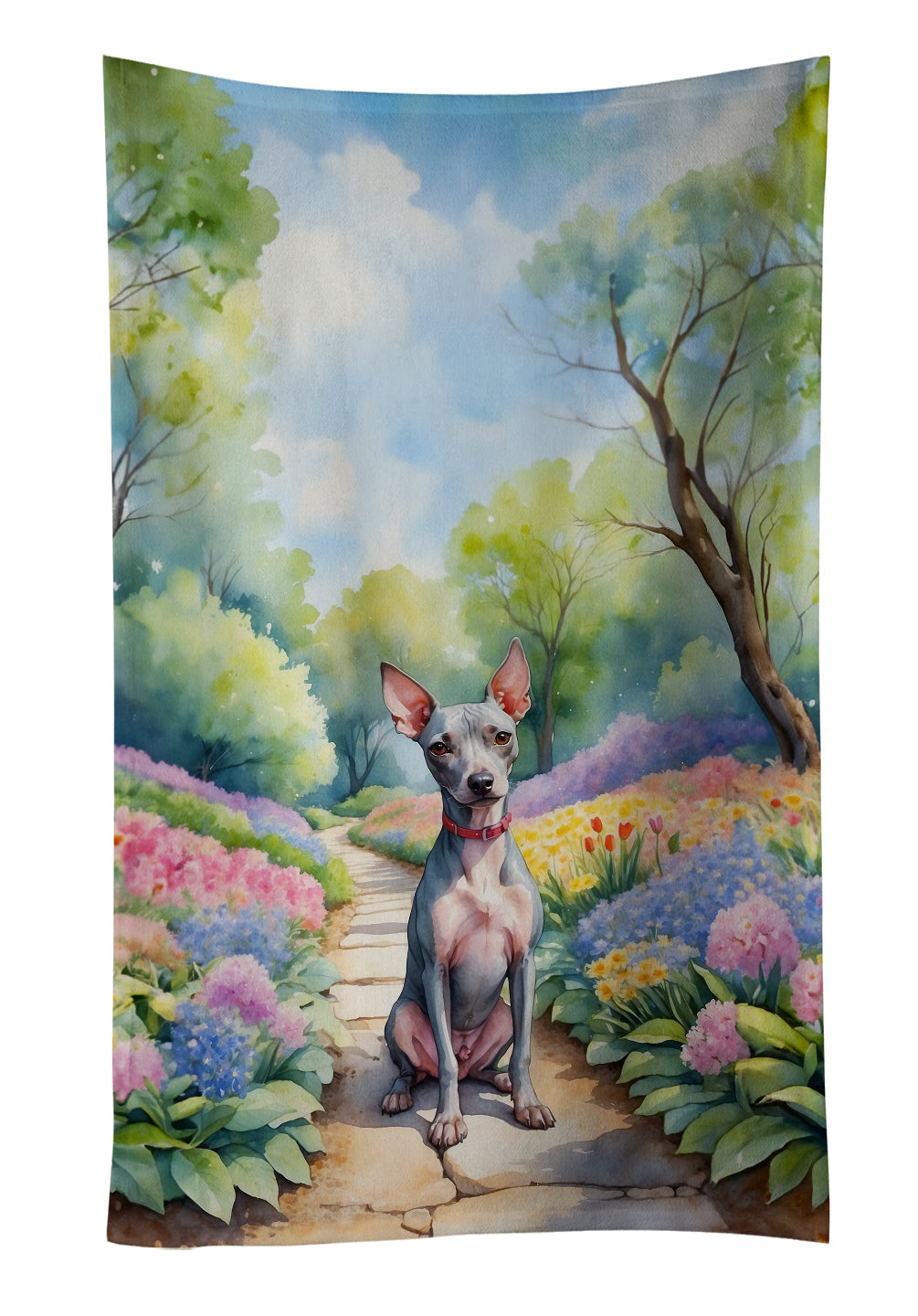 American Hairless Terrier Spring Garden Kitchen Towel Velour Plush Front and Cotton Loop Back Machine Washable