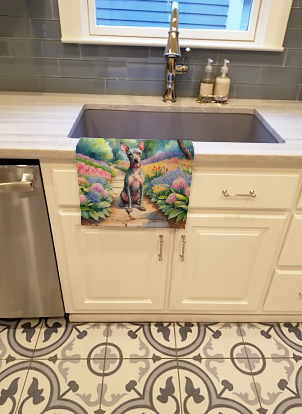 American Hairless Terrier Spring Garden Kitchen Towel Velour Plush Front and Cotton Loop Back Machine Washable