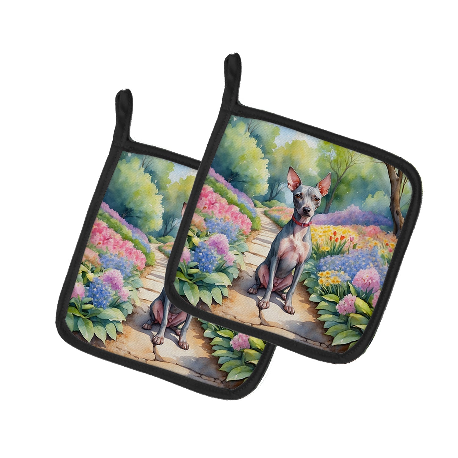 American Hairless Terrier Spring Garden Pot Holder Set of 2 Heat Resistant Quilted Hot Pads 7.5 x 7.5 Inch, Insulated Kitchen Trivets for Cooking & Baking
