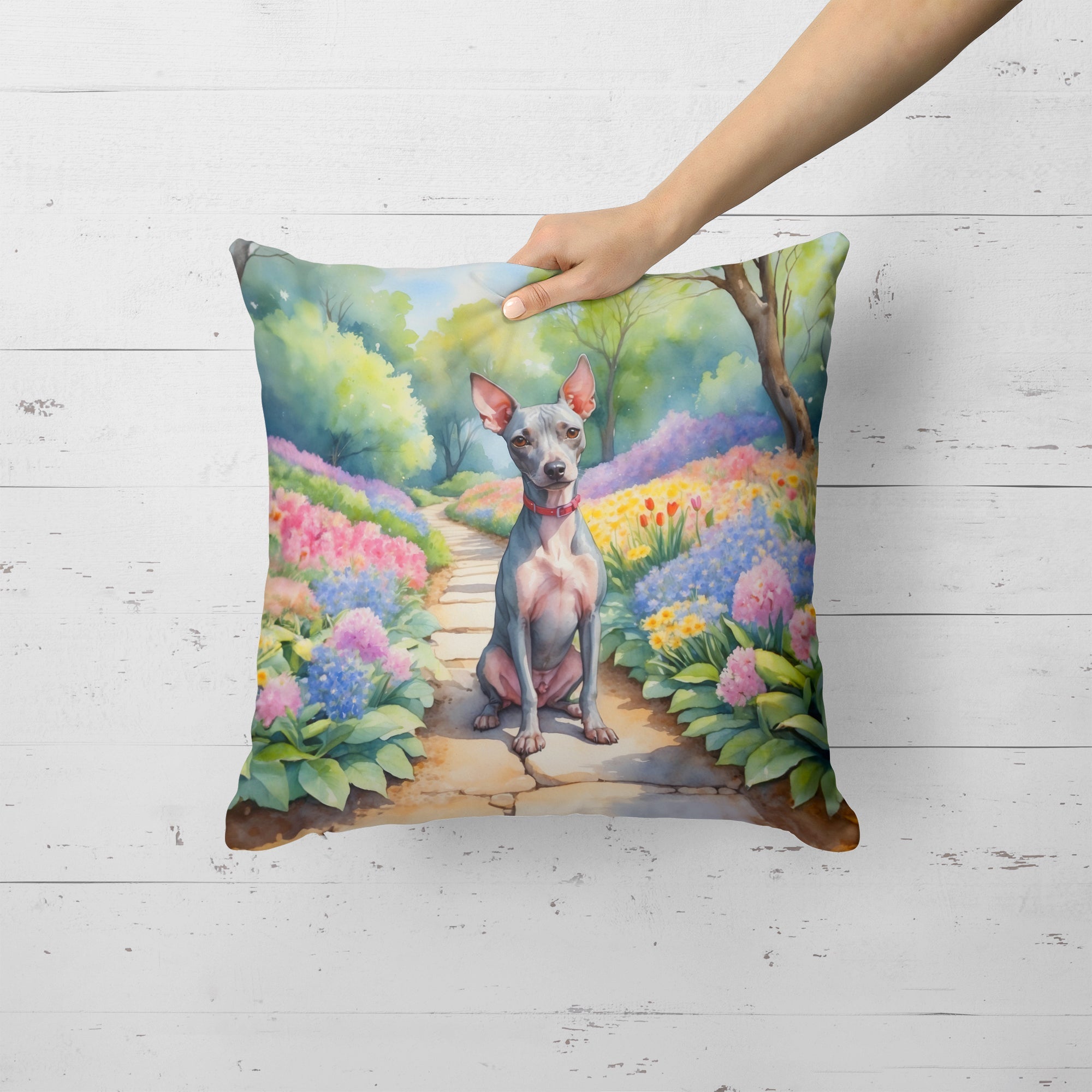 American Hairless Terrier Spring Garden Decorative Throw Pillow 18x18 Indoor Outdoor Accent Cushion, Fabric Cover with Insert for Sofa, Bed, Porch & Living Room