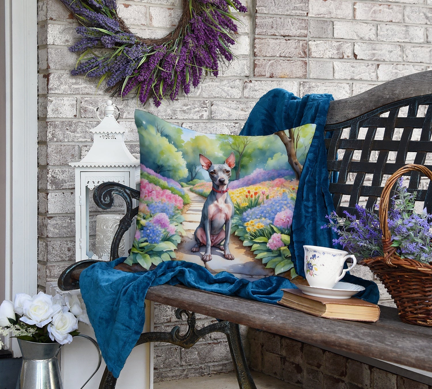 American Hairless Terrier Spring Garden Decorative Throw Pillow 18x18 Indoor Outdoor Accent Cushion, Fabric Cover with Insert for Sofa, Bed, Porch & Living Room