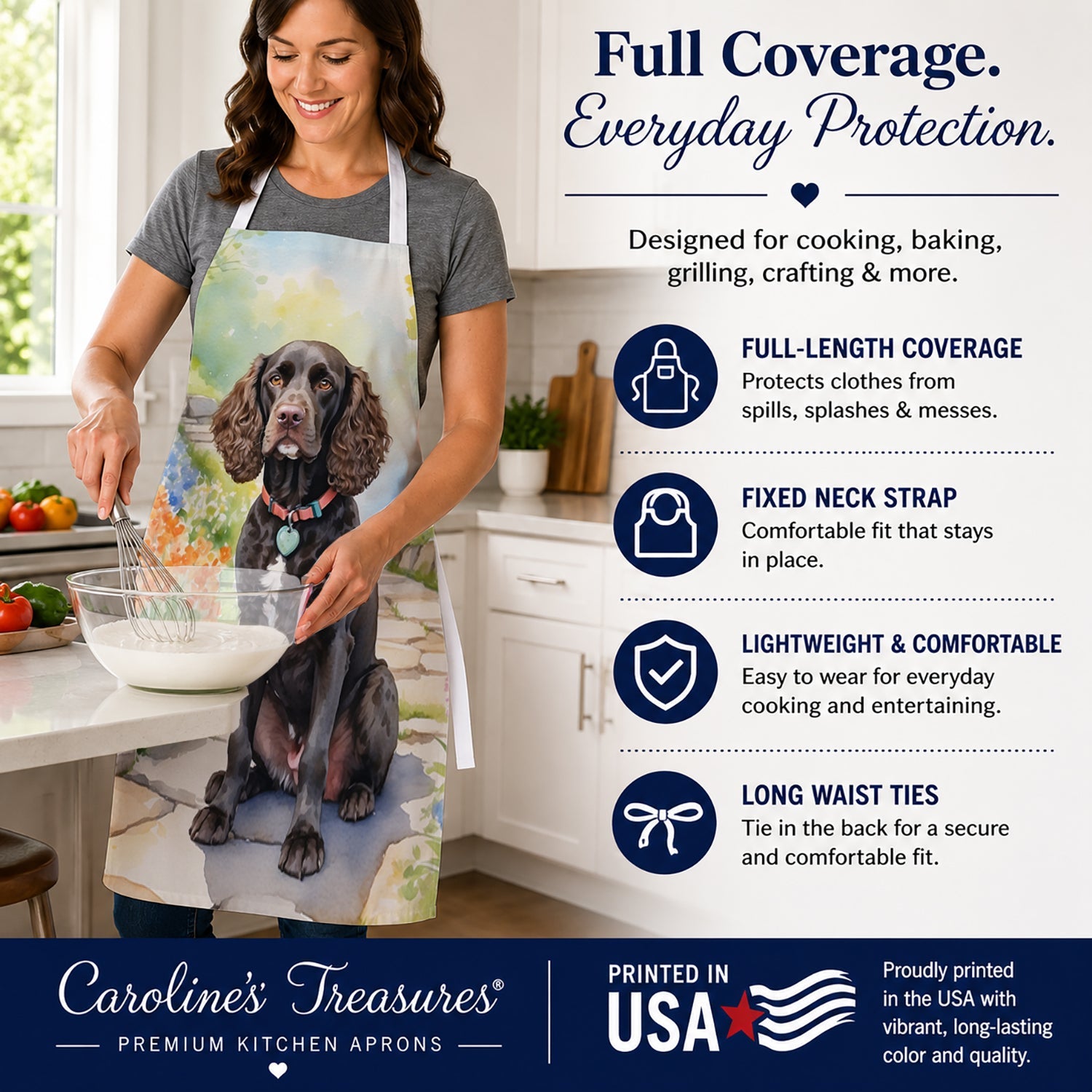 American Water Spaniel Spring Garden Apron Cooking Kitchen Server Baking Crafts Gardening for Adult Women Men, Unisex, Large, Multicolor