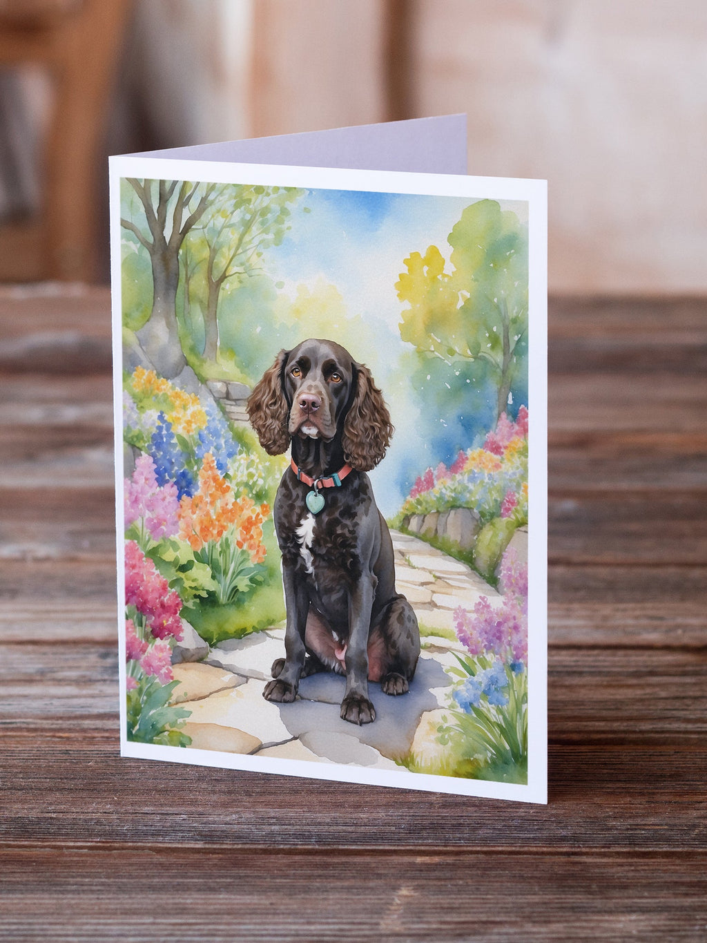 American Water Spaniel Spring Garden Greeting Cards Pack of 8 Blank Cards with Envelopes Whimsical A7 Size 5x7
