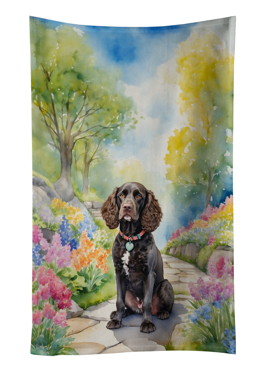 American Water Spaniel Spring Garden Kitchen Towel Velour Plush Front and Cotton Loop Back Machine Washable