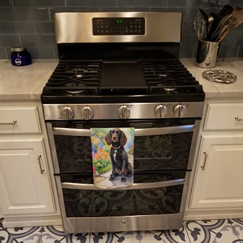 American Water Spaniel Spring Garden Kitchen Towel Velour Plush Front and Cotton Loop Back Machine Washable