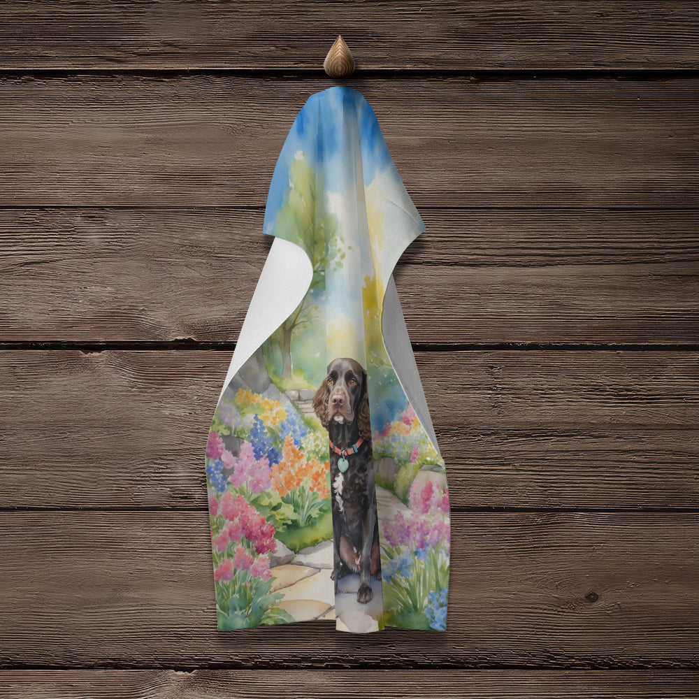 American Water Spaniel Spring Garden Kitchen Towel Velour Plush Front and Cotton Loop Back Machine Washable