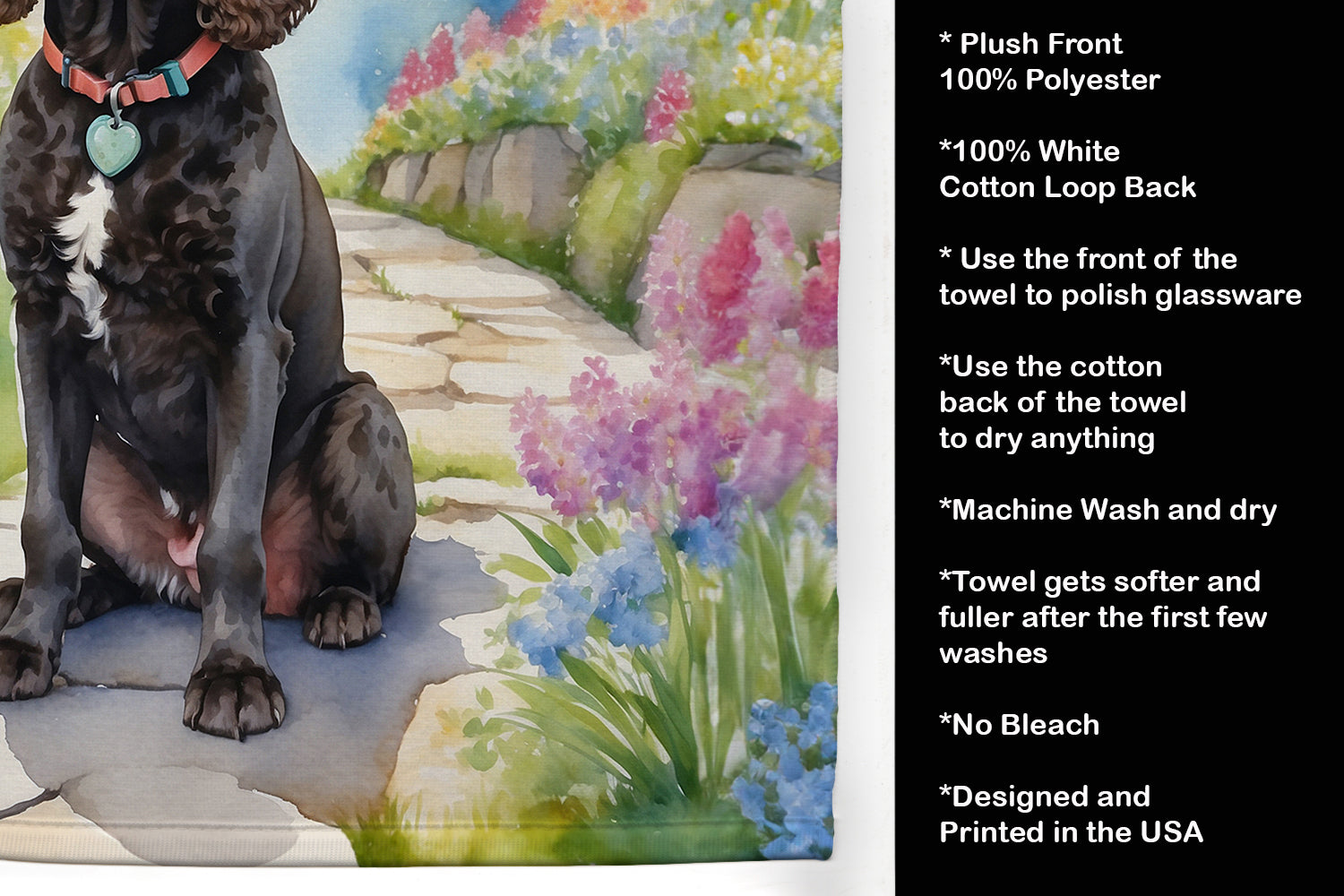American Water Spaniel Spring Garden Kitchen Towel Velour Plush Front and Cotton Loop Back Machine Washable