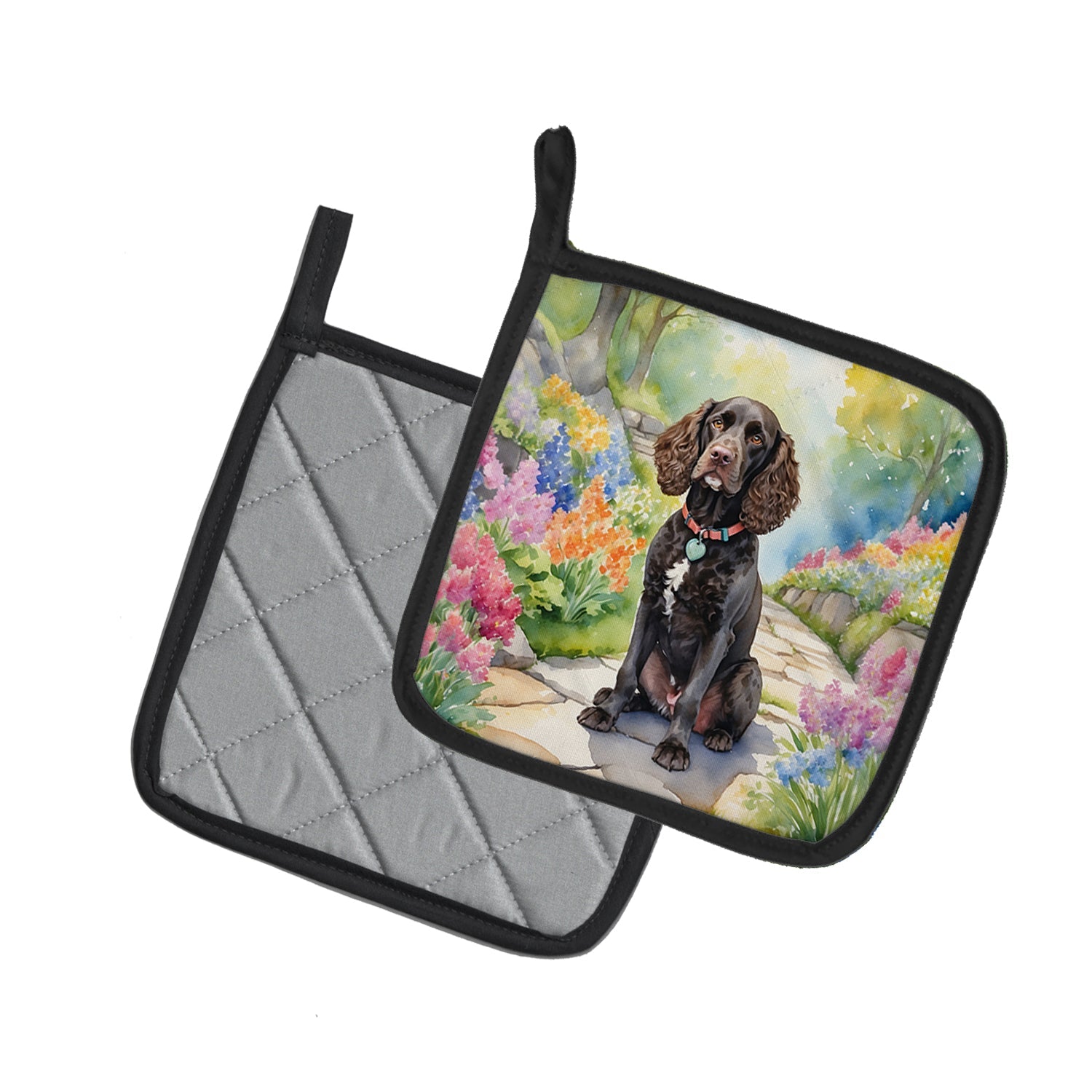 American Water Spaniel Spring Garden Pot Holder Set of 2 Heat Resistant Quilted Hot Pads 7.5 x 7.5 Inch, Insulated Kitchen Trivets for Cooking & Baking