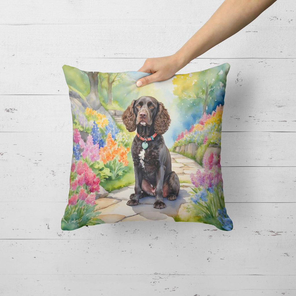 American Water Spaniel Spring Garden Decorative Throw Pillow 18x18 Indoor Outdoor Accent Cushion, Fabric Cover with Insert for Sofa, Bed, Porch & Living Room