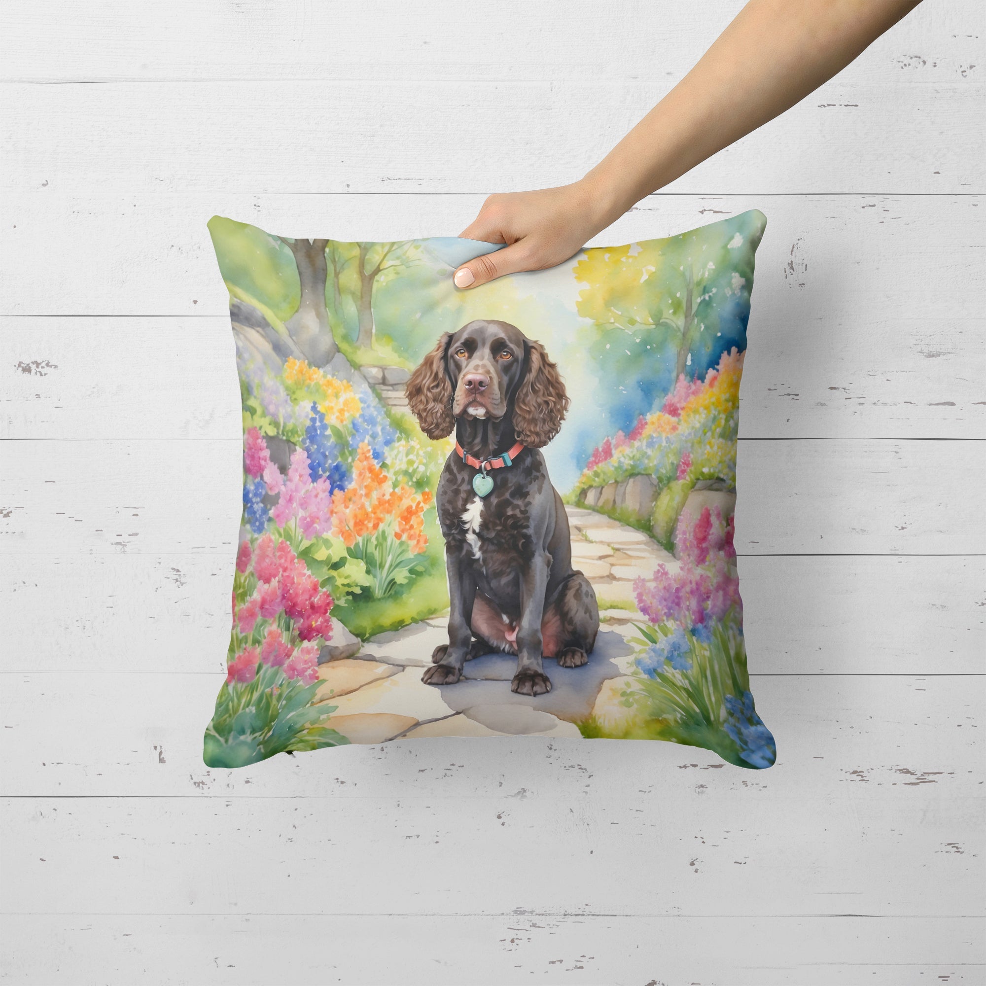 American Water Spaniel Spring Garden Decorative Throw Pillow 18x18 Indoor Outdoor Accent Cushion, Fabric Cover with Insert for Sofa, Bed, Porch & Living Room