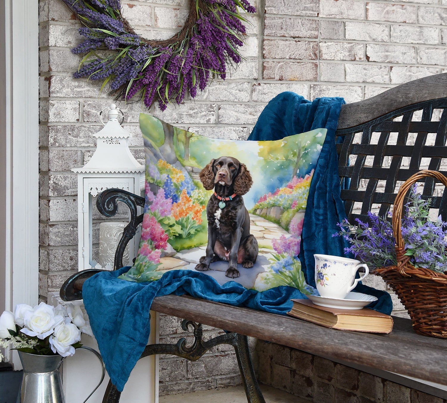 American Water Spaniel Spring Garden Decorative Throw Pillow 18x18 Indoor Outdoor Accent Cushion, Fabric Cover with Insert for Sofa, Bed, Porch & Living Room