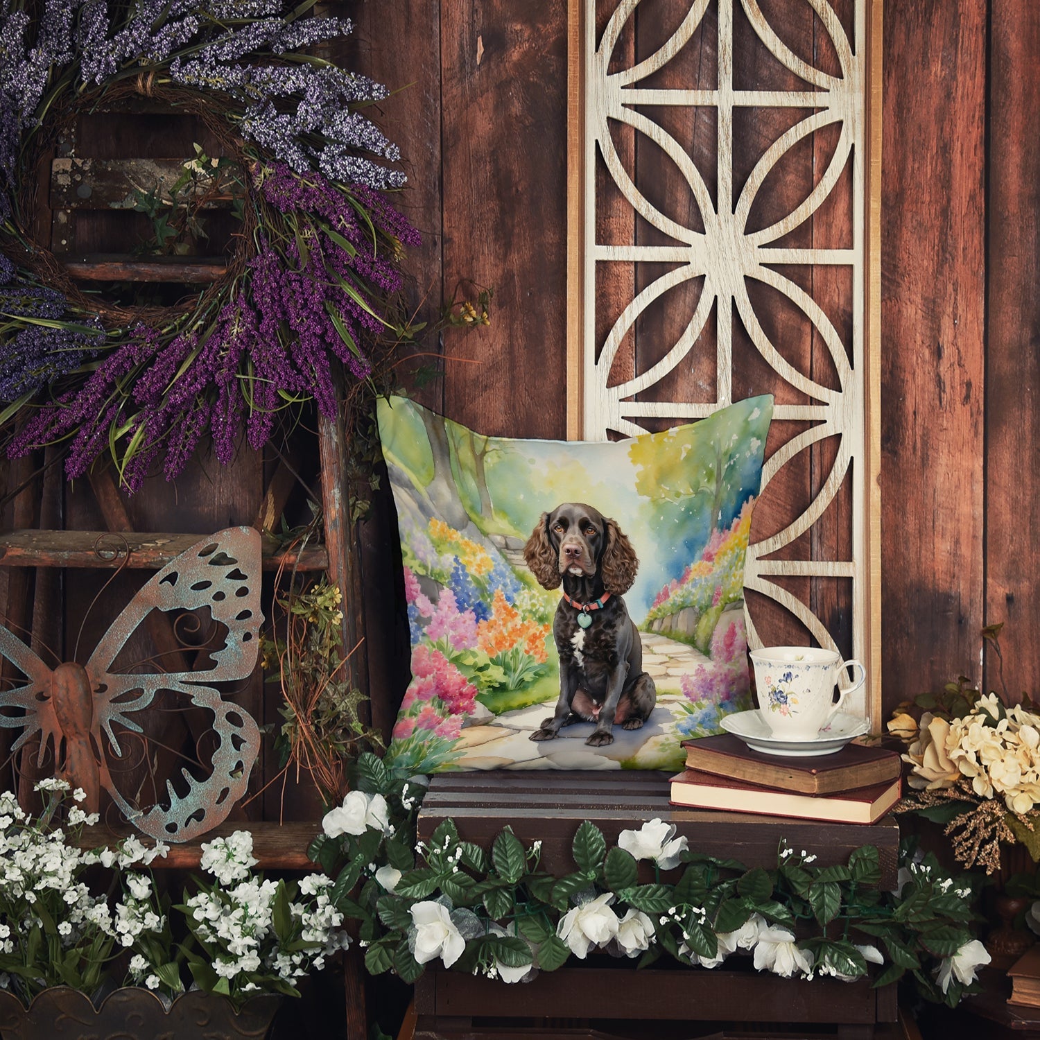 American Water Spaniel Spring Garden Decorative Throw Pillow 18x18 Indoor Outdoor Accent Cushion, Fabric Cover with Insert for Sofa, Bed, Porch & Living Room