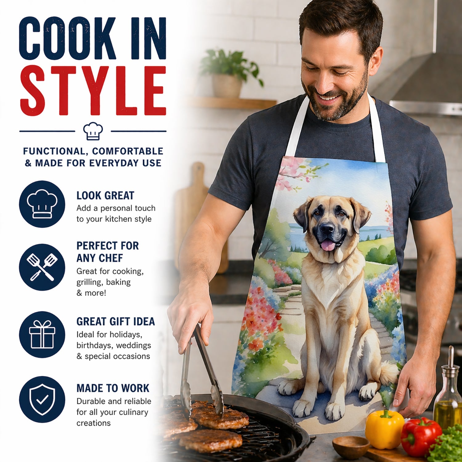 Anatolian Shepherd Spring Garden Apron Cooking Kitchen Server Baking Crafts Gardening for Adult Women Men, Unisex, Large, Multicolor
