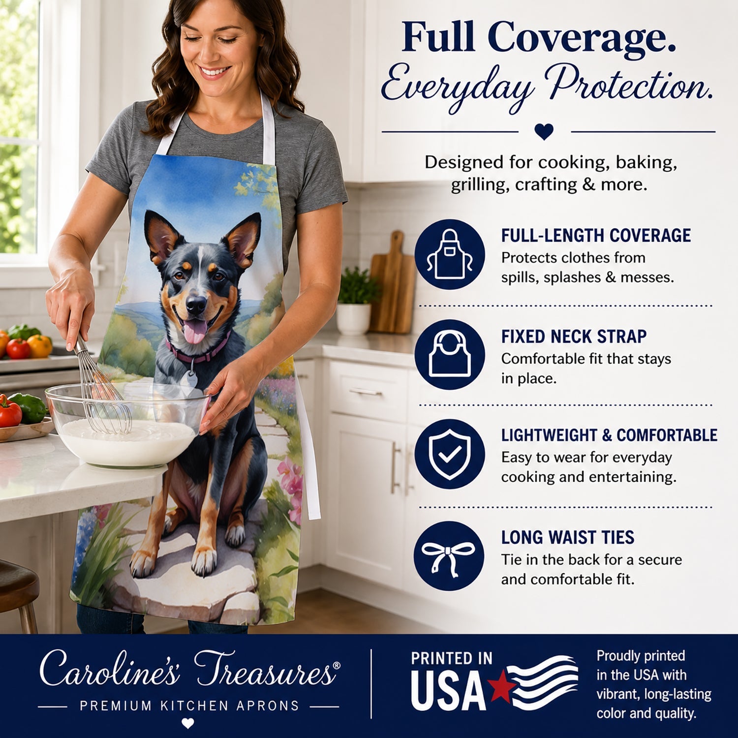 Australian Cattle Dog Spring Garden Apron Cooking Kitchen Server Baking Crafts Gardening for Adult Women Men, Unisex, Large, Multicolor