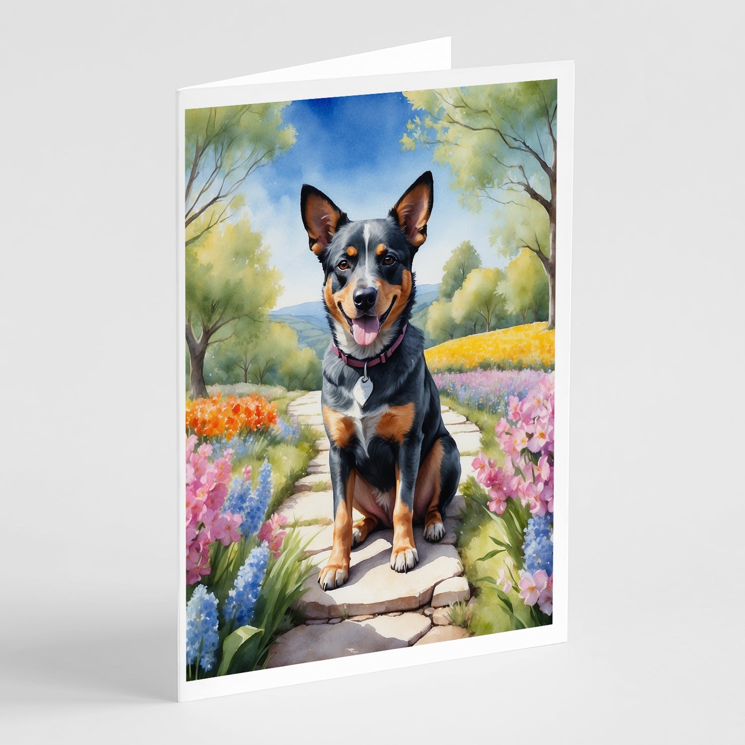 Australian Cattle Dog Spring Garden Greeting Cards Pack of 8 Blank Cards with Envelopes Whimsical A7 Size 5x7