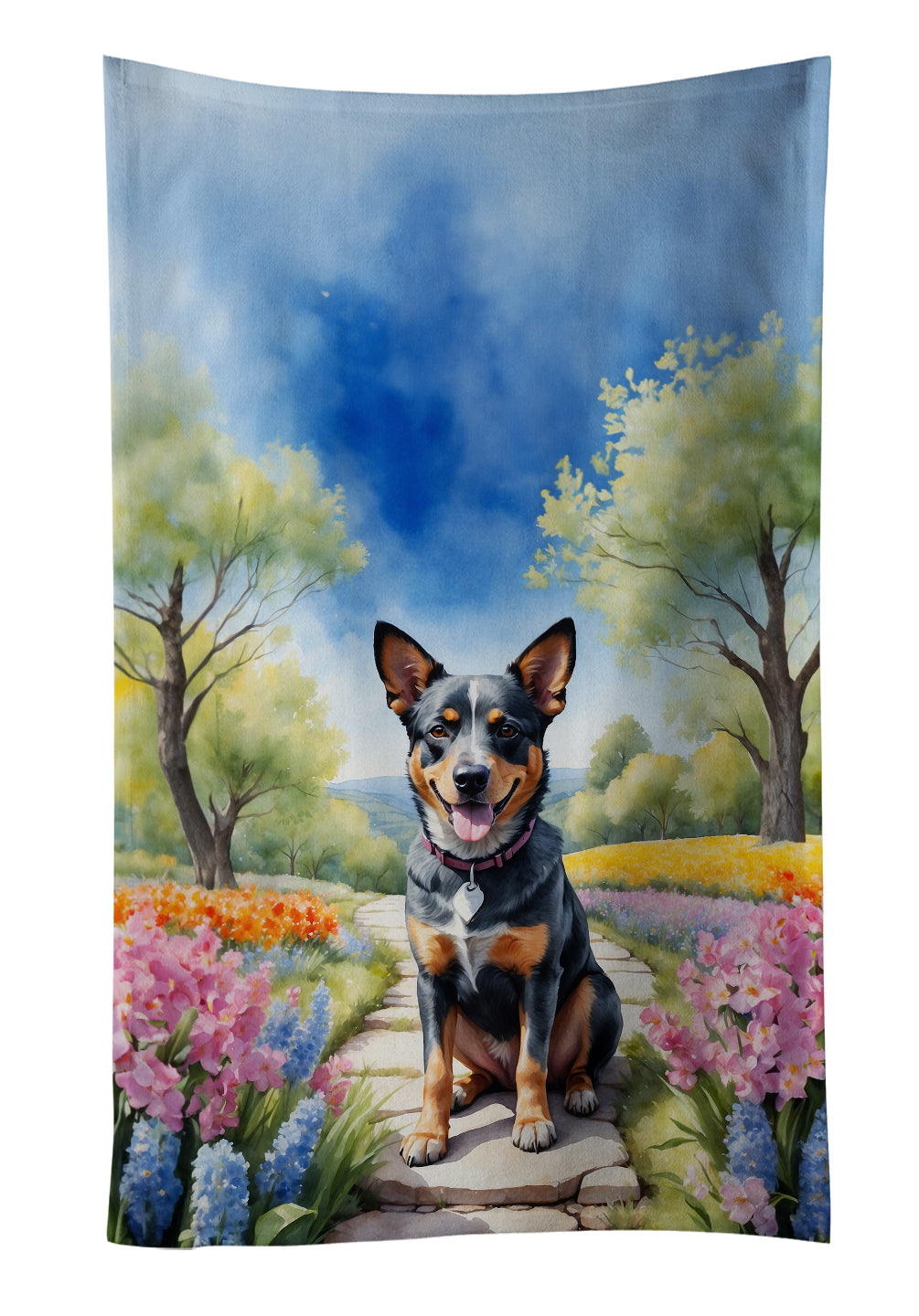 Australian Cattle Dog Spring Garden Kitchen Towel Velour Plush Front and Cotton Loop Back Machine Washable