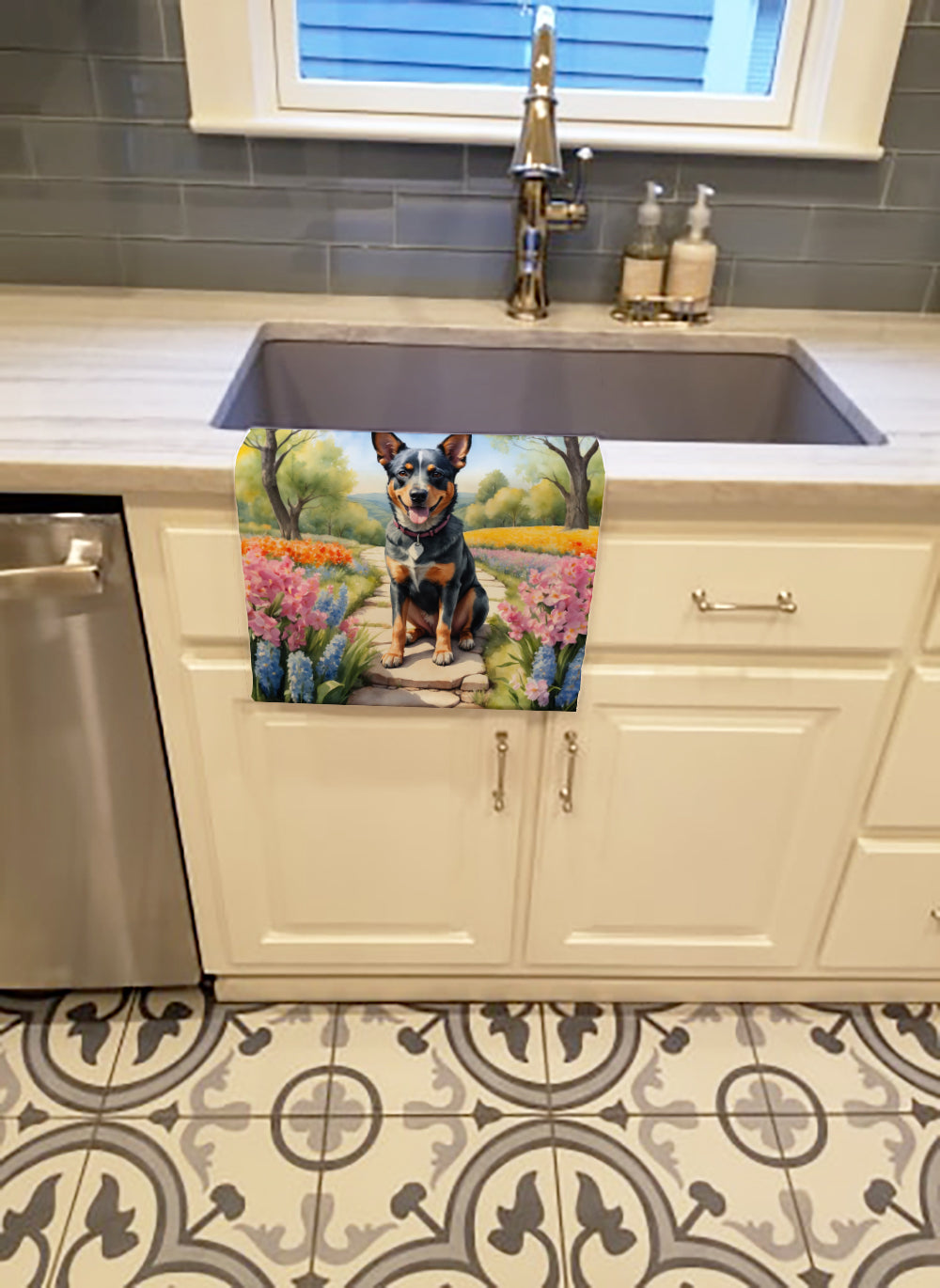 Australian Cattle Dog Spring Garden Kitchen Towel Velour Plush Front and Cotton Loop Back Machine Washable