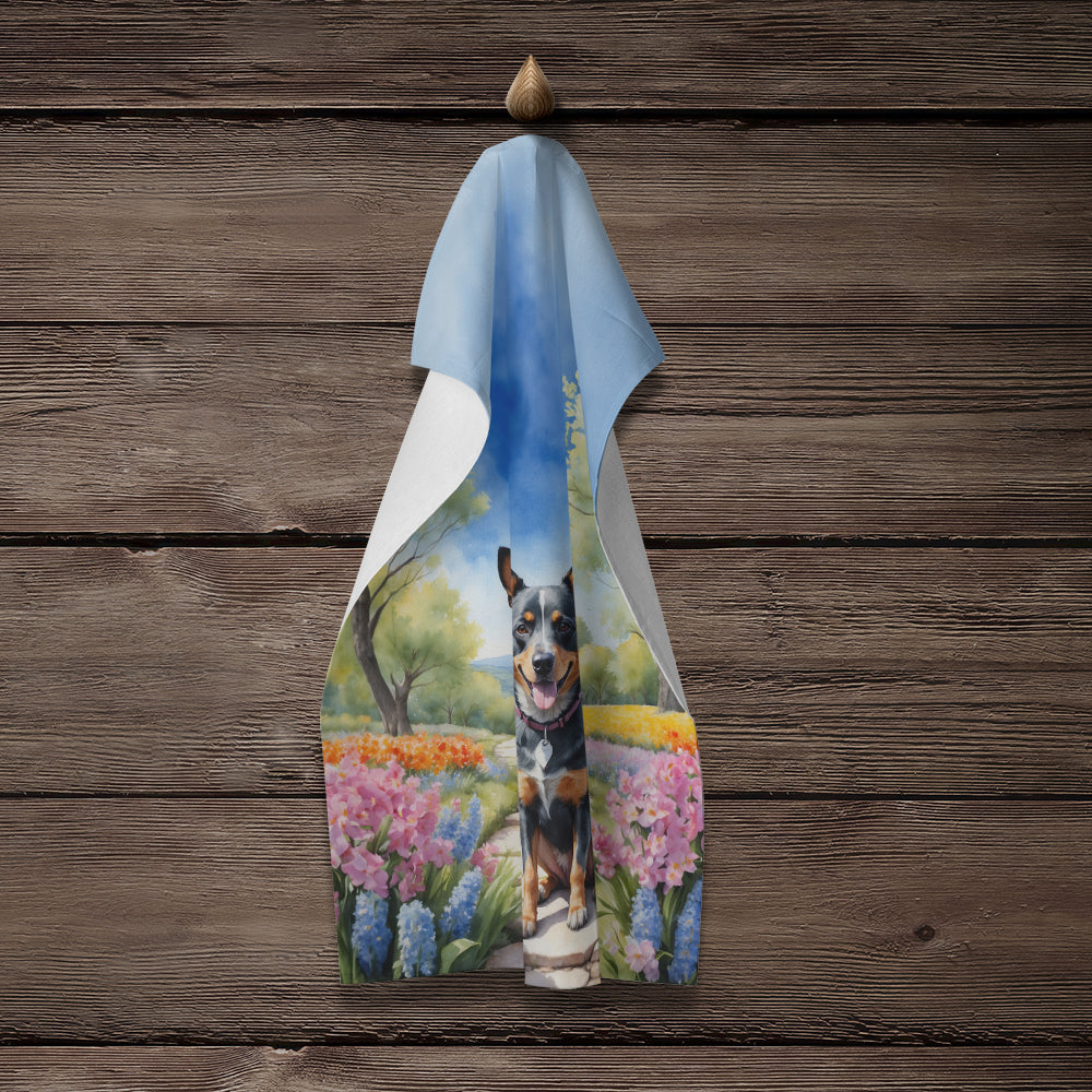 Australian Cattle Dog Spring Garden Kitchen Towel Velour Plush Front and Cotton Loop Back Machine Washable