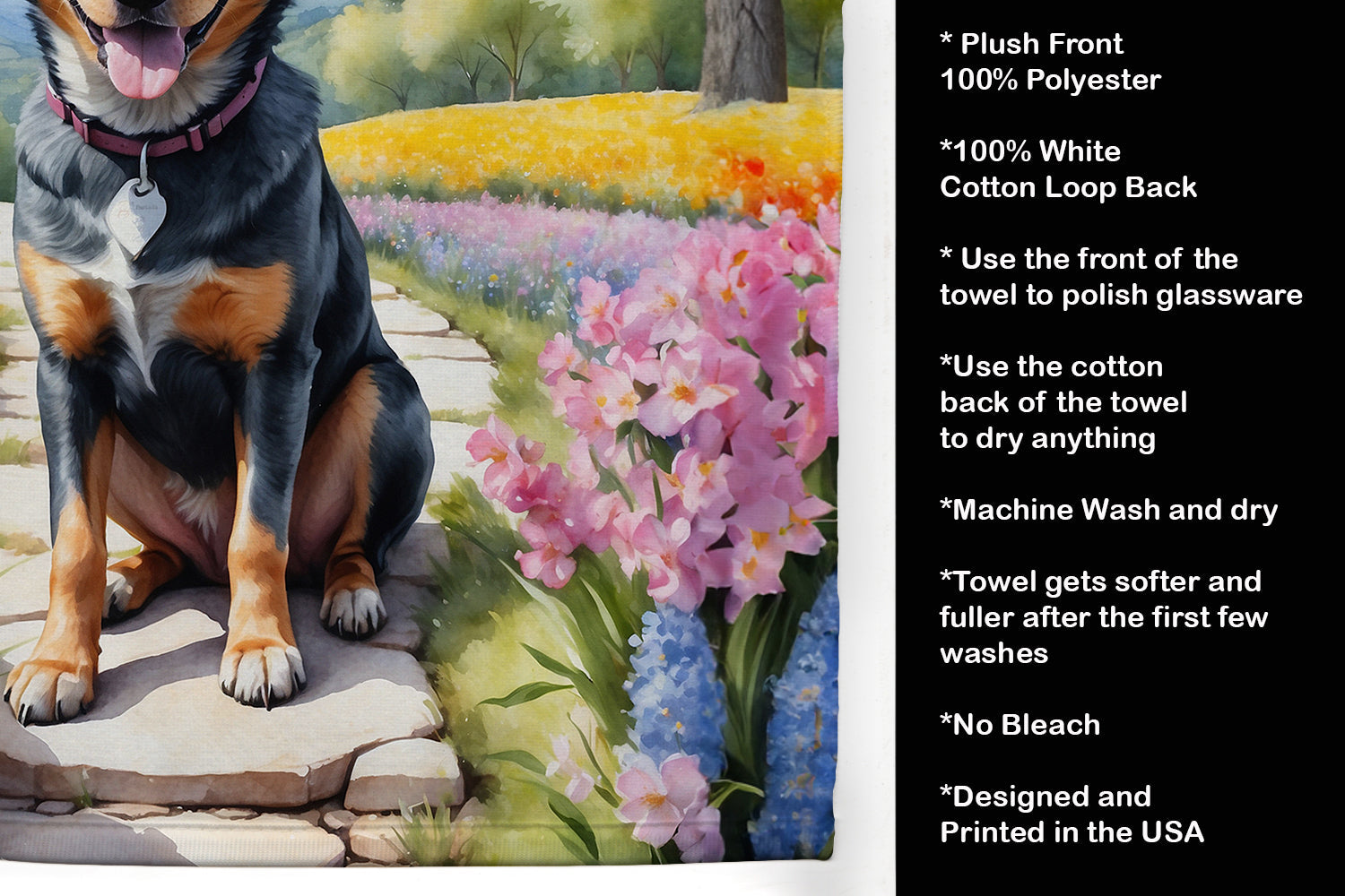 Australian Cattle Dog Spring Garden Kitchen Towel Velour Plush Front and Cotton Loop Back Machine Washable