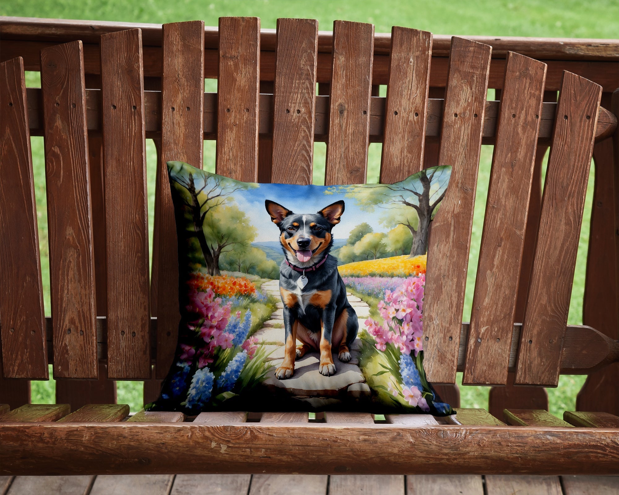 Australian Cattle Dog Spring Garden Decorative Throw Pillow 14x14 Indoor Outdoor Accent Cushion, Fabric Cover with Insert for Sofa, Bed, Porch & Living Room