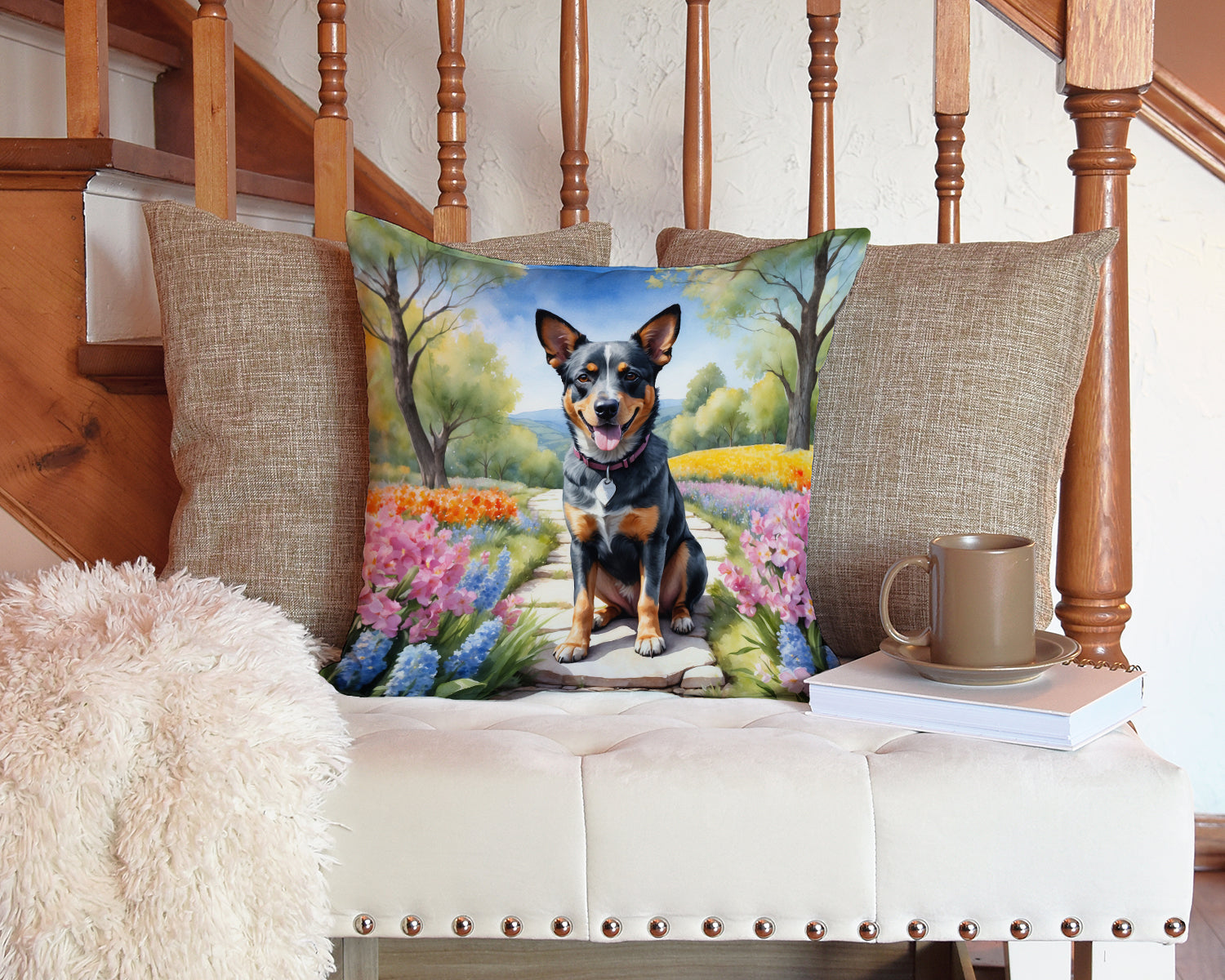 Australian Cattle Dog Spring Garden Decorative Throw Pillow 14x14 Indoor Outdoor Accent Cushion, Fabric Cover with Insert for Sofa, Bed, Porch & Living Room