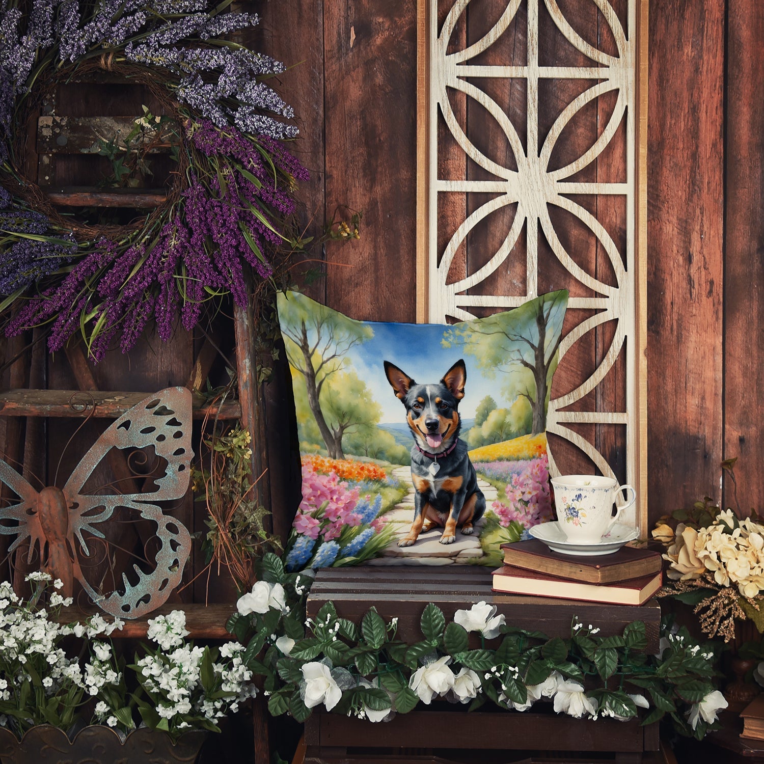 Australian Cattle Dog Spring Garden Decorative Throw Pillow 14x14 Indoor Outdoor Accent Cushion, Fabric Cover with Insert for Sofa, Bed, Porch & Living Room