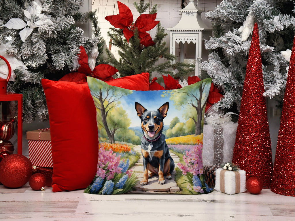 Australian Cattle Dog Spring Garden Decorative Throw Pillow 14x14 Indoor Outdoor Accent Cushion, Fabric Cover with Insert for Sofa, Bed, Porch & Living Room