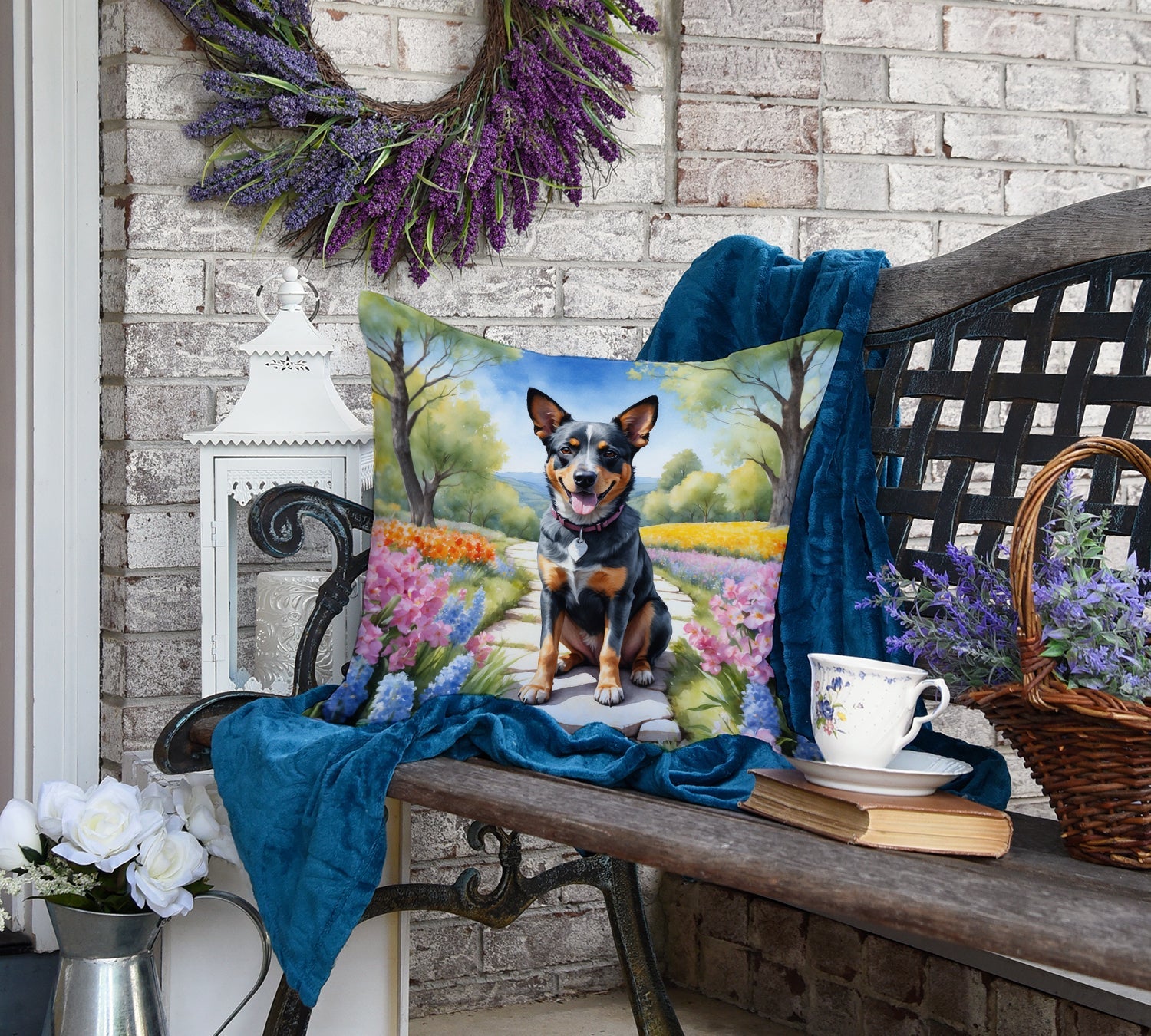 Australian Cattle Dog Spring Garden Decorative Throw Pillow 18x18 Indoor Outdoor Accent Cushion, Fabric Cover with Insert for Sofa, Bed, Porch & Living Room