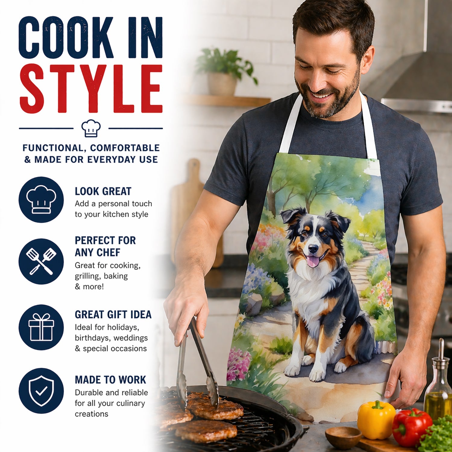 Australian Shepherd Spring Garden Apron Cooking Kitchen Server Baking Crafts Gardening for Adult Women Men, Unisex, Large, Multicolor