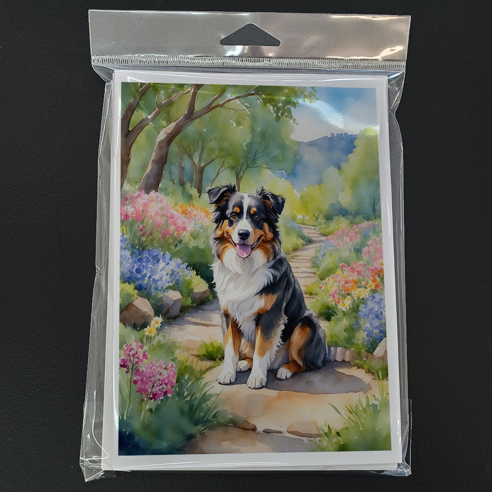 Australian Shepherd Spring Garden Greeting Cards Pack of 8 Blank Cards with Envelopes Whimsical A7 Size 5x7