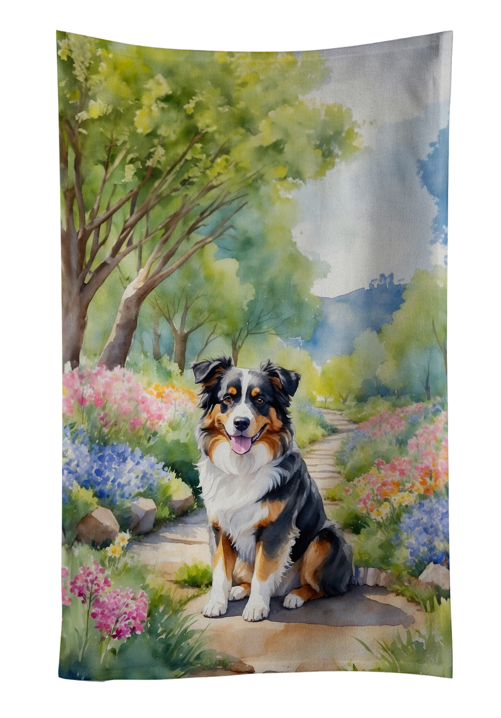 Australian Shepherd Spring Garden Kitchen Towel Velour Plush Front and Cotton Loop Back Machine Washable