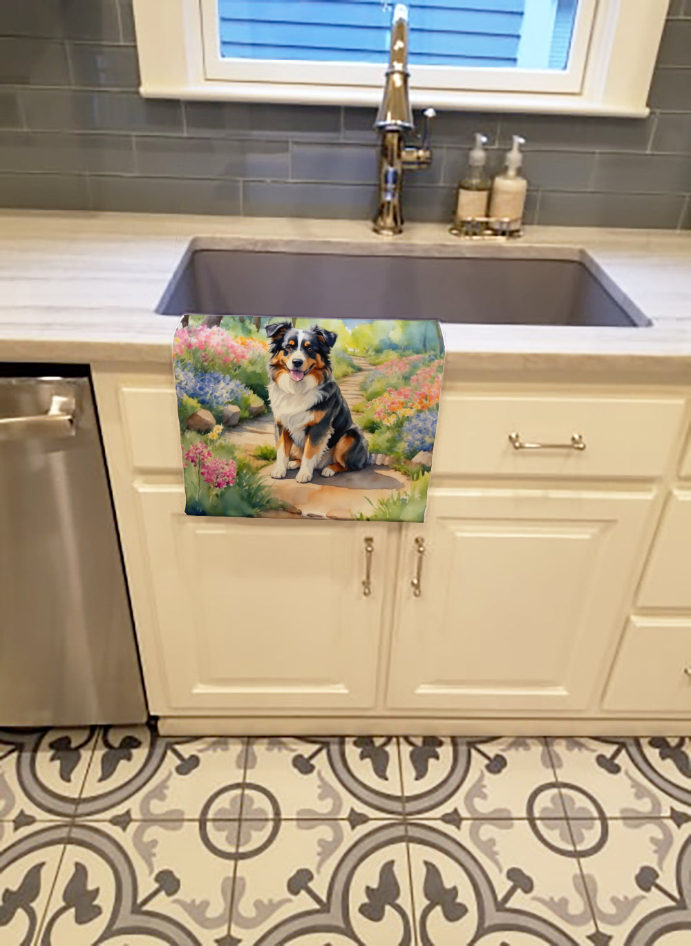 Australian Shepherd Spring Garden Kitchen Towel Velour Plush Front and Cotton Loop Back Machine Washable