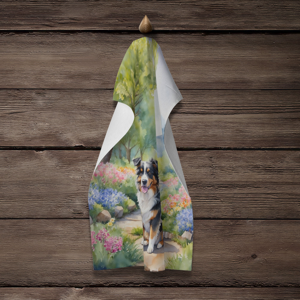 Australian Shepherd Spring Garden Kitchen Towel Velour Plush Front and Cotton Loop Back Machine Washable