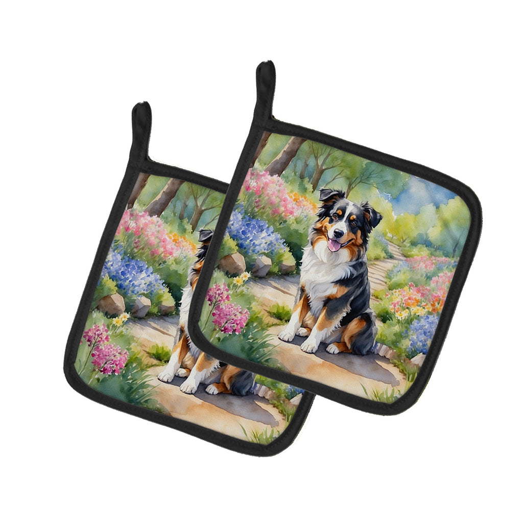 Australian Shepherd Spring Garden Pot Holder Set of 2 Heat Resistant Quilted Hot Pads 7.5 x 7.5 Inch, Insulated Kitchen Trivets for Cooking & Baking