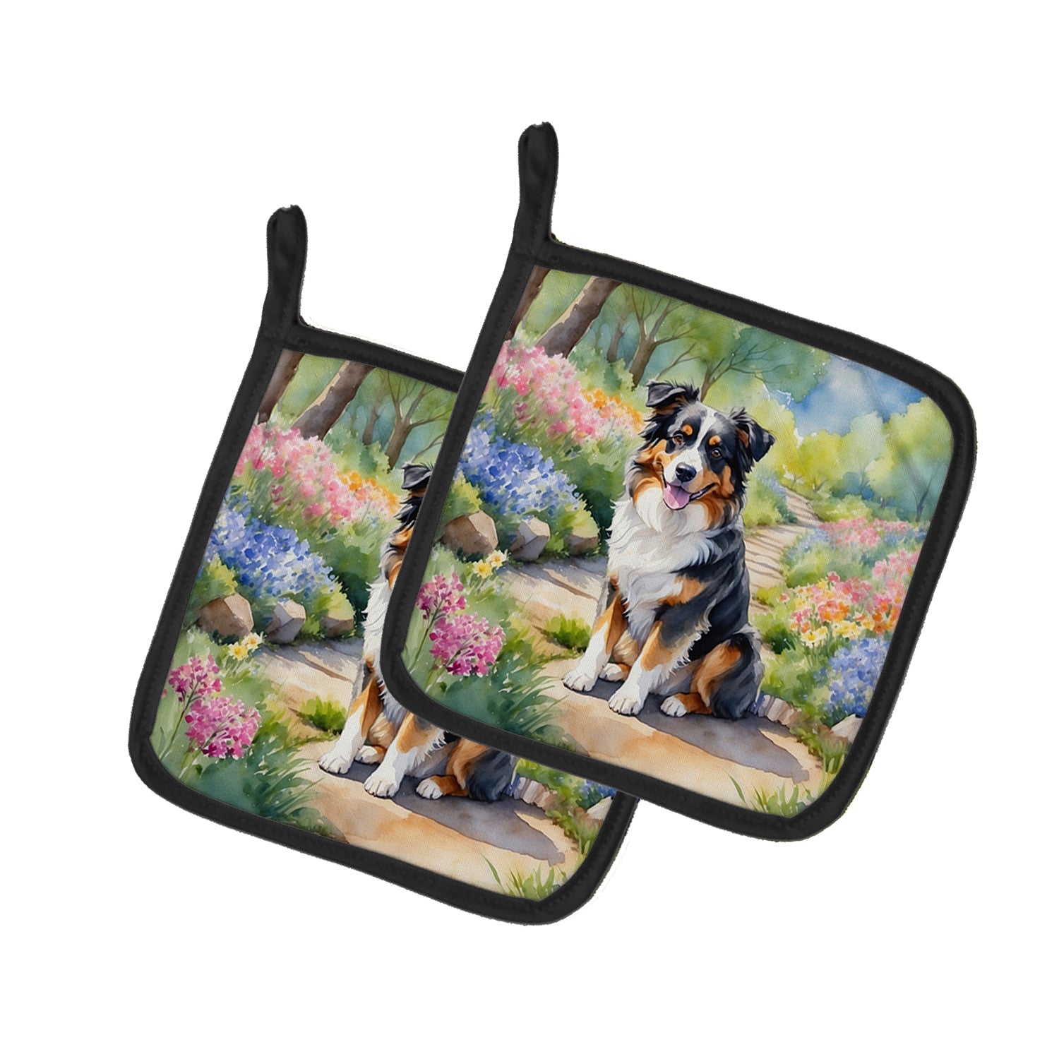 Australian Shepherd Spring Garden Pot Holder Set of 2 Heat Resistant Quilted Hot Pads 7.5 x 7.5 Inch, Insulated Kitchen Trivets for Cooking & Baking