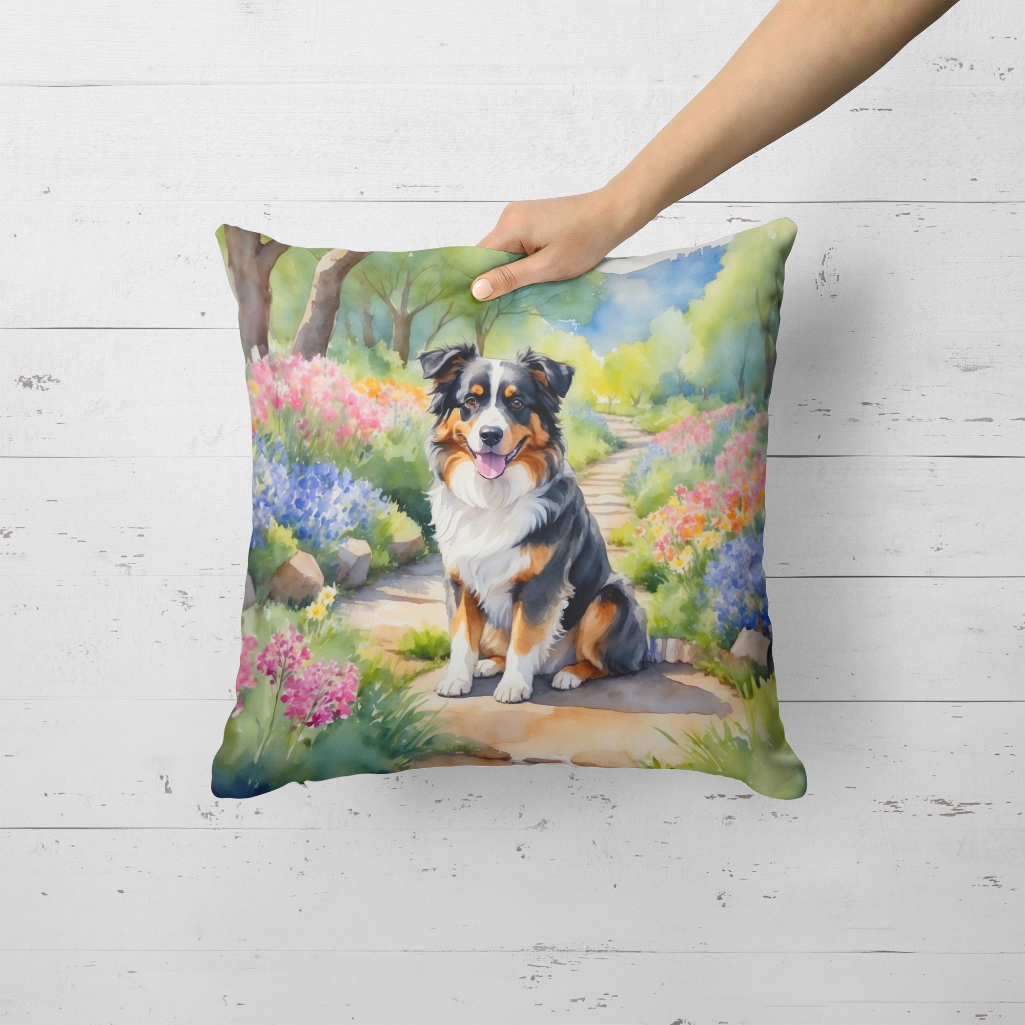 Australian Shepherd Spring Garden Decorative Throw Pillow 18x18 Indoor Outdoor Accent Cushion, Fabric Cover with Insert for Sofa, Bed, Porch & Living Room