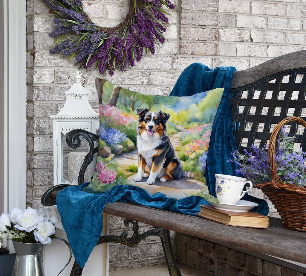Australian Shepherd Spring Garden Decorative Throw Pillow 18x18 Indoor Outdoor Accent Cushion, Fabric Cover with Insert for Sofa, Bed, Porch & Living Room