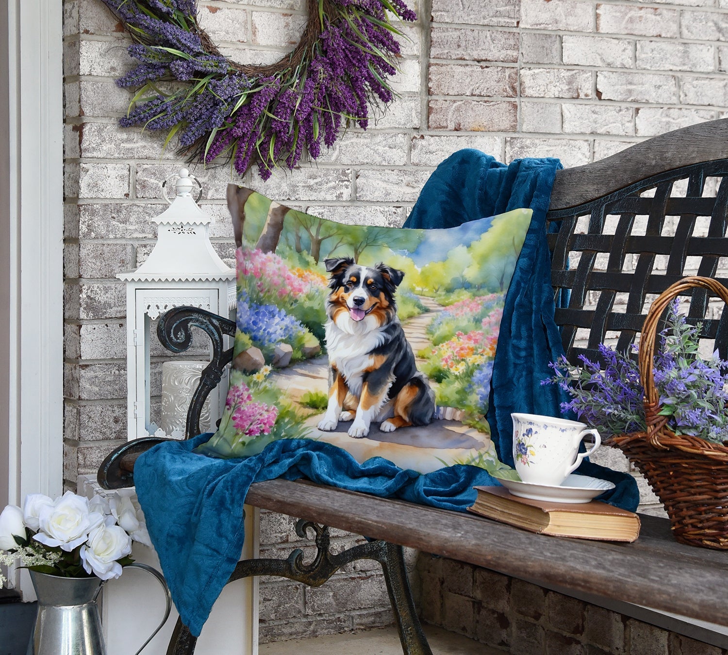 Australian Shepherd Spring Garden Decorative Throw Pillow 18x18 Indoor Outdoor Accent Cushion, Fabric Cover with Insert for Sofa, Bed, Porch & Living Room