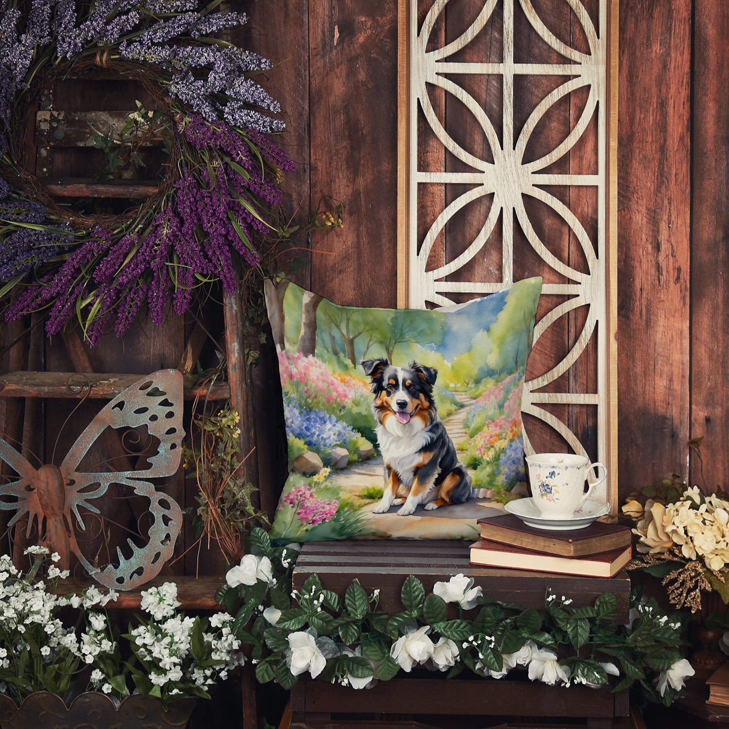Australian Shepherd Spring Garden Decorative Throw Pillow 18x18 Indoor Outdoor Accent Cushion, Fabric Cover with Insert for Sofa, Bed, Porch & Living Room