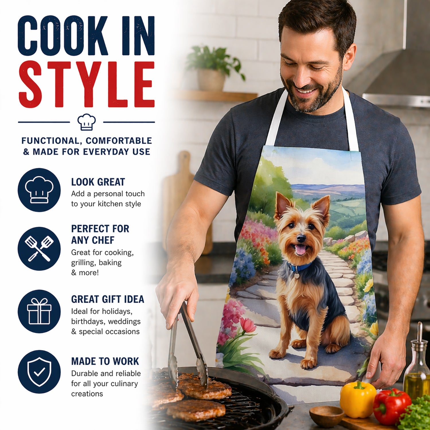 Australian Terrier Spring Garden Apron Cooking Kitchen Server Baking Crafts Gardening for Adult Women Men, Unisex, Large, Multicolor